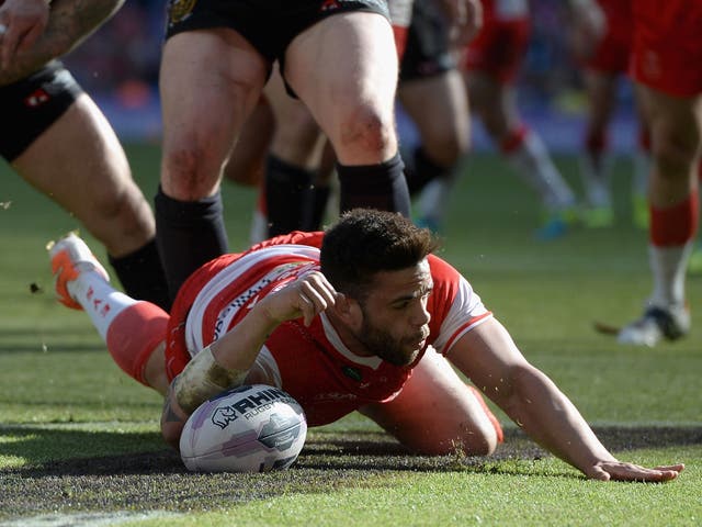 Hands-on: Kevin Larroyer dives over for a try for Hull Kingston Rovers