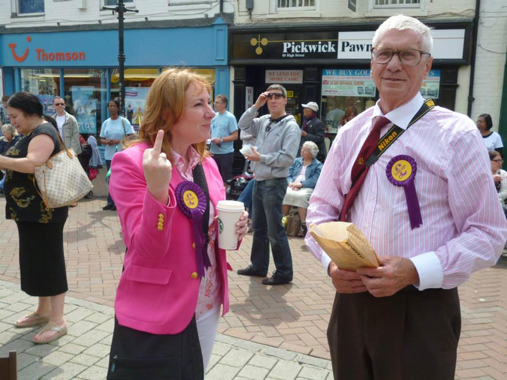 Janice Atkinson, Ukip's South East chair, pictured by protesters while campaigning in Ashford, Kent with local party chair Norman Taylor