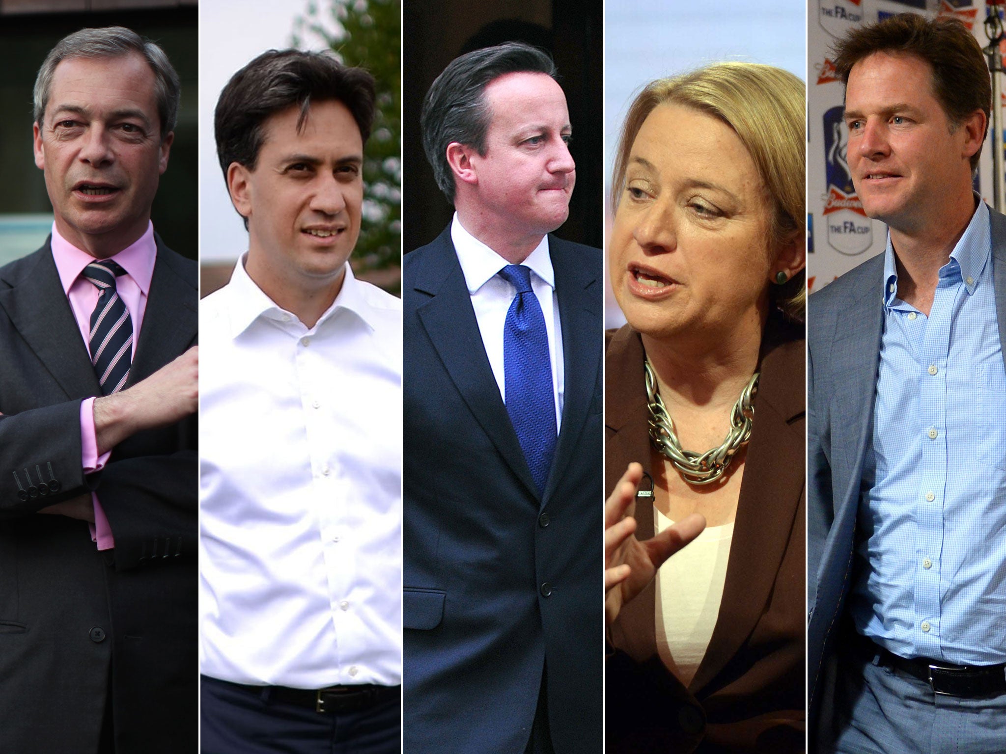 From left: Nigel Farage, whose Ukip has an 11-point poll lead; Ed Miliband; David Cameron; Natalie Bennett; and Nick Clegg