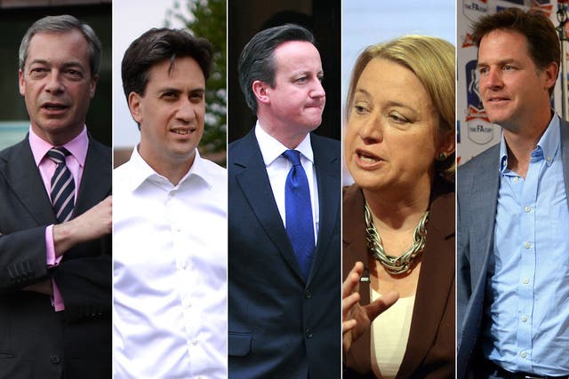 From left: Nigel Farage; Ed Miliband; David Cameron; Natalie Bennett; and Nick Clegg