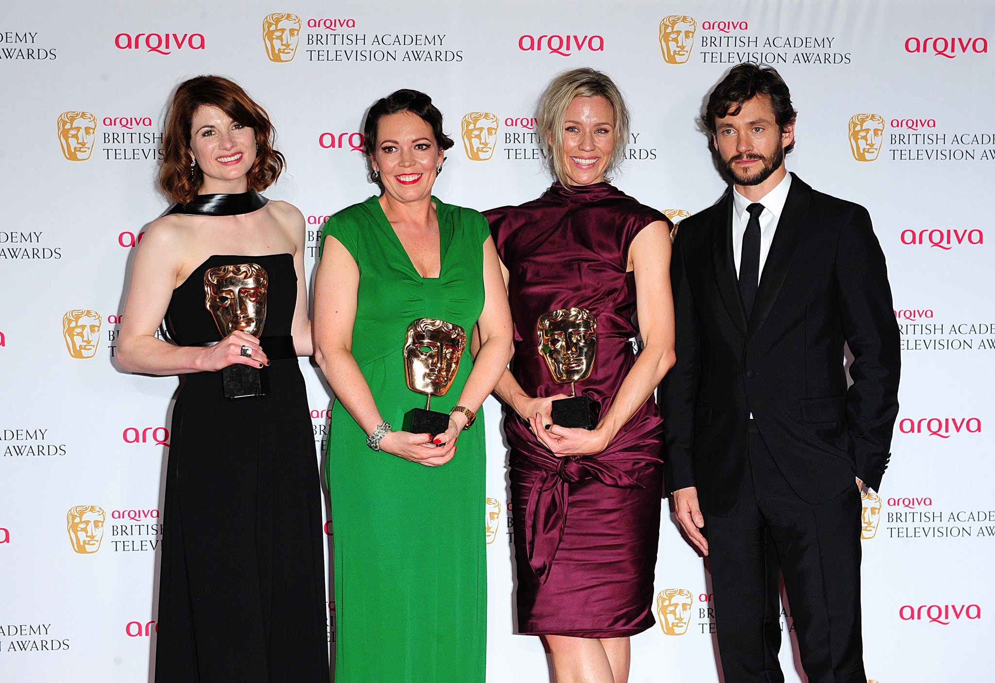 Broadchurch cast Jodie Whitaker, Olivia Colman and Simone McAullay with the show's three Baftas