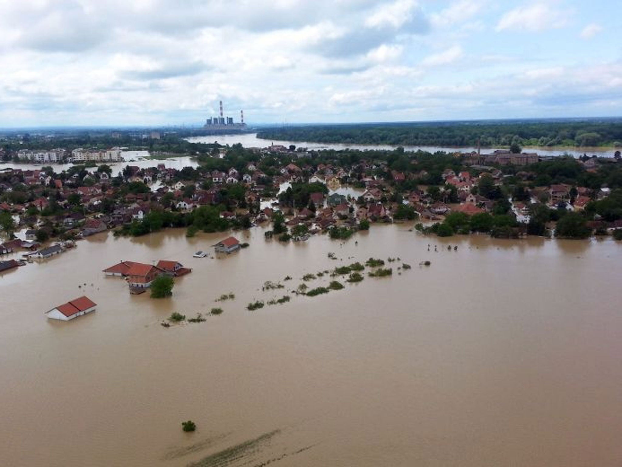 The flooded area in Obrenovac, some 30 kilometers (18 miles) southwest of Belgrade, Serbia