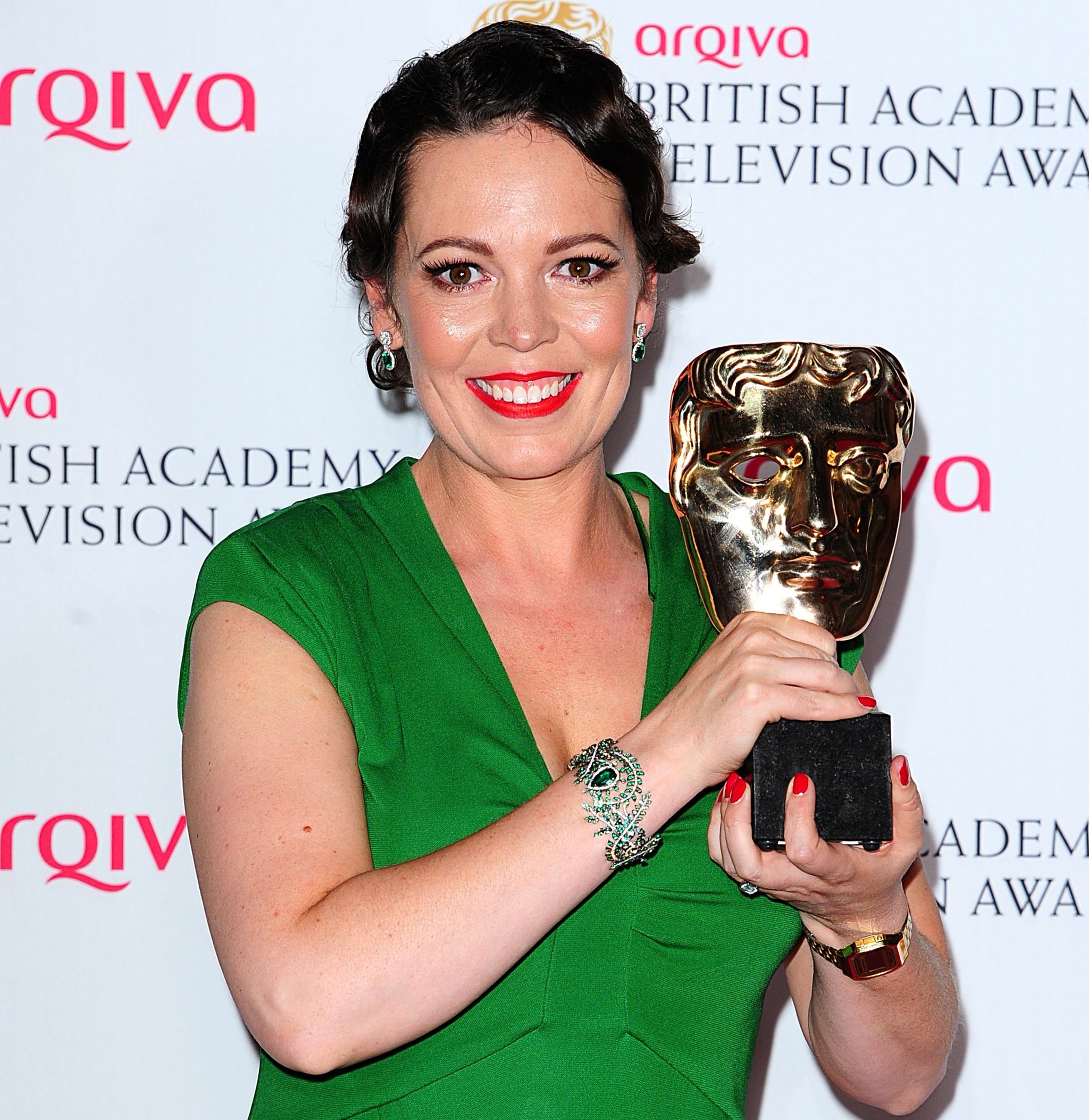 Olivia Colman with her award, the third TV Bafta she has received in two years