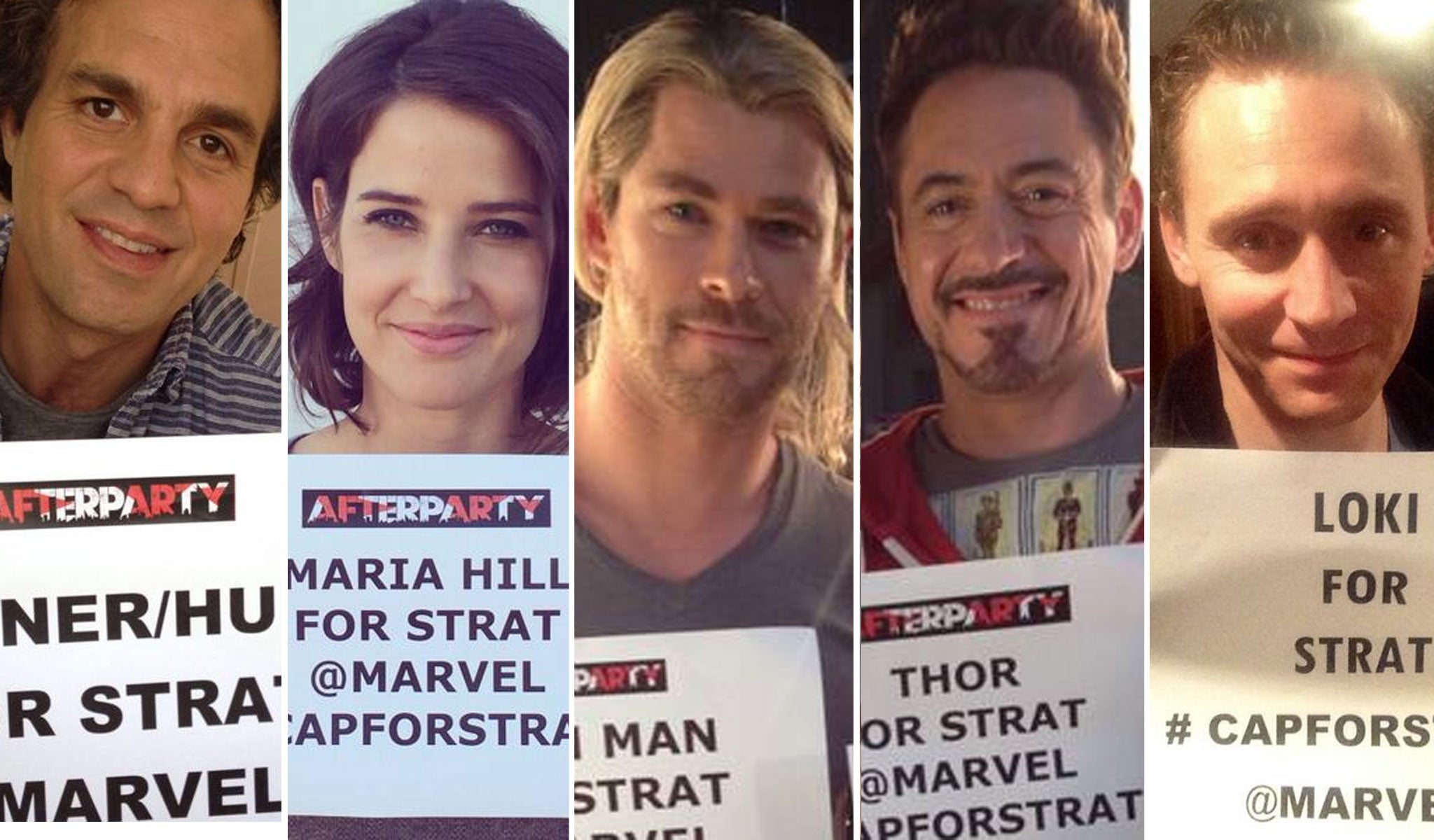 The #CapForStrat campaign was supported by some of Hollywood's biggest stars, including (from left to right): Mark Ruffalo (The Hulk), Cobie Smulders (Maria Hill), Chris Hemsworth (Thor), Rober Downey Jr (Iron Man) and Tom Hiddleston (Loki)