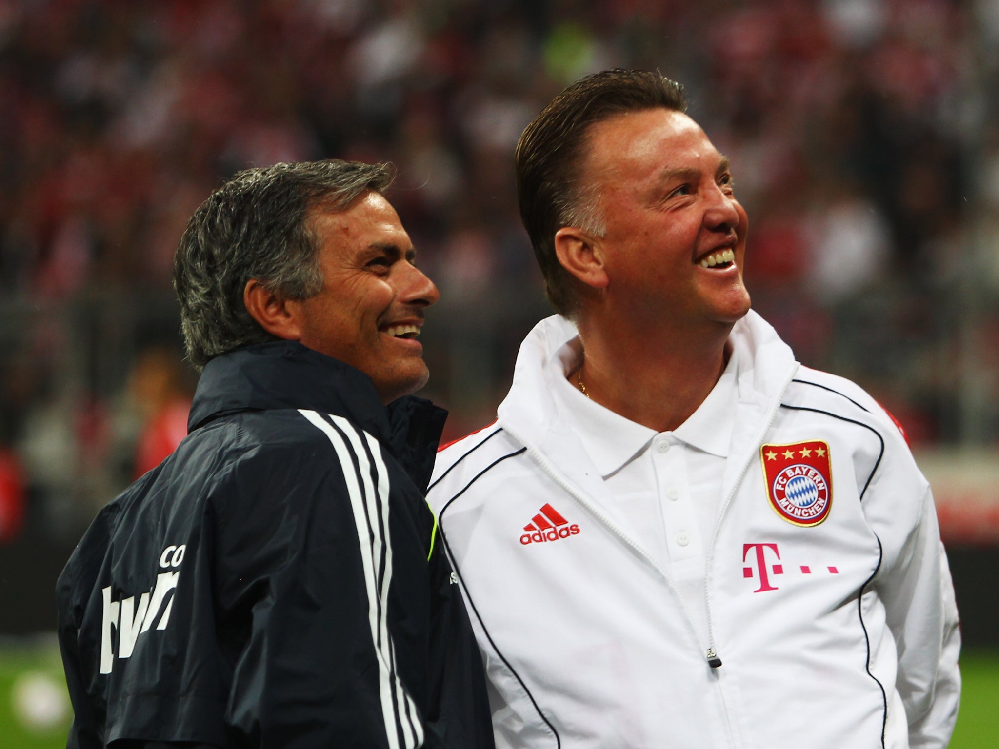 Louis van Gaal of Bayern Muenchen and Jose Mourinho of Real Madrid smile prior to the Franz Beckenbauer Farewell match between FC Bayern Muenchen and Real Madrid