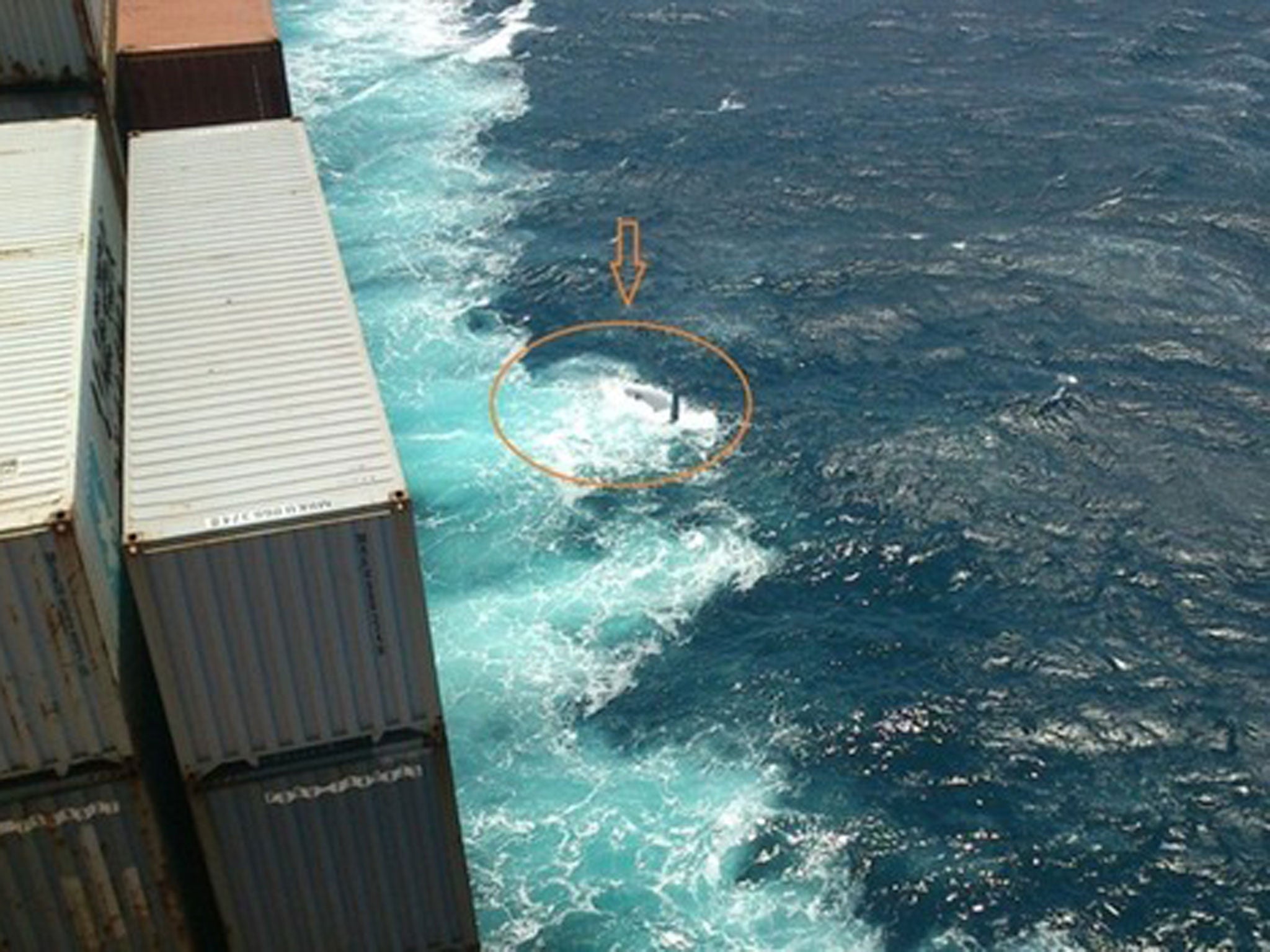 Photograph taken by the captain of a Maersk Kure cargo ship of what is believed to be upturned hull of the Cheeki Rafiki