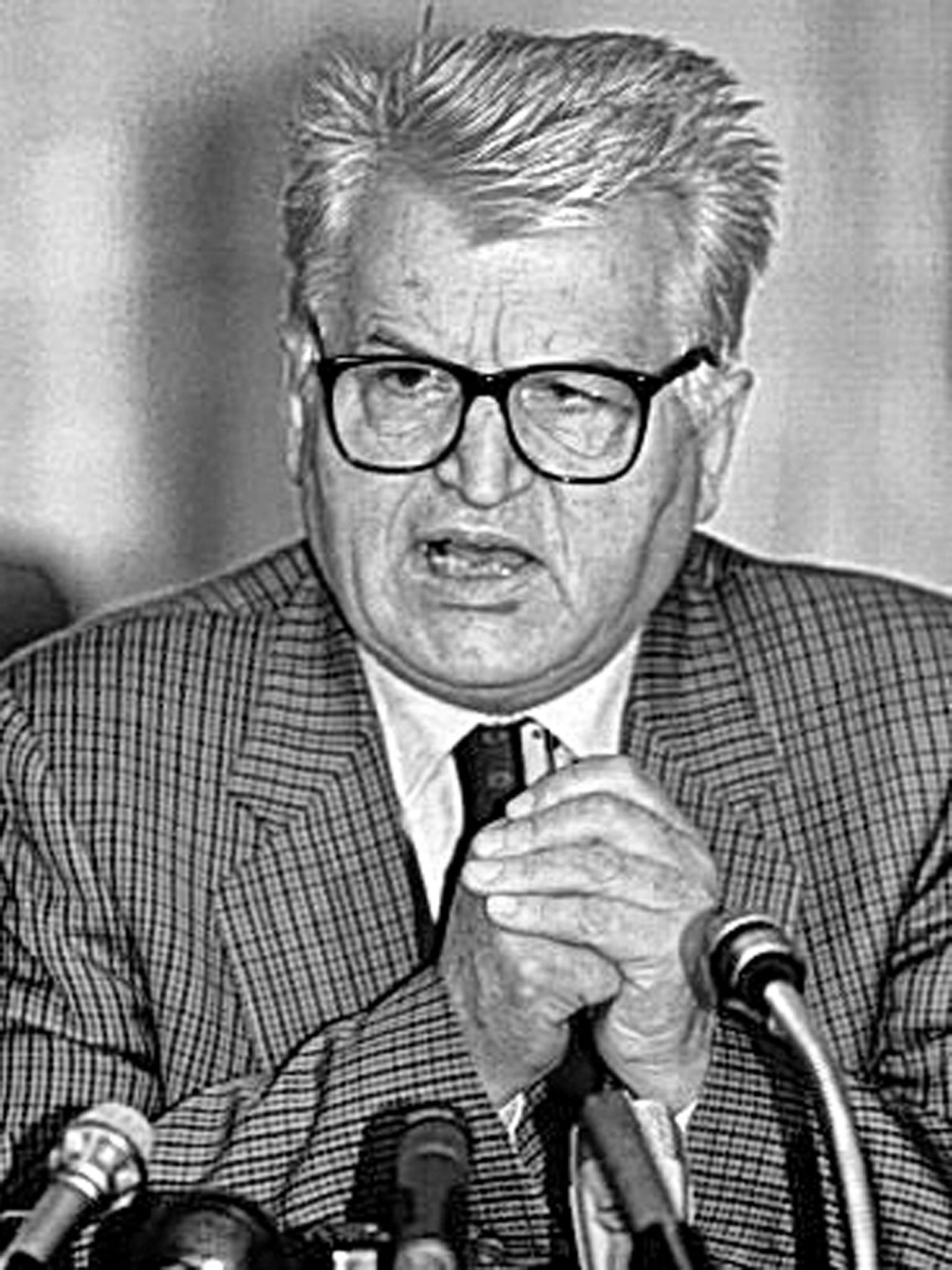 Cosic, then president of Yugoslavia, at a press conference in Belgrade in 1992