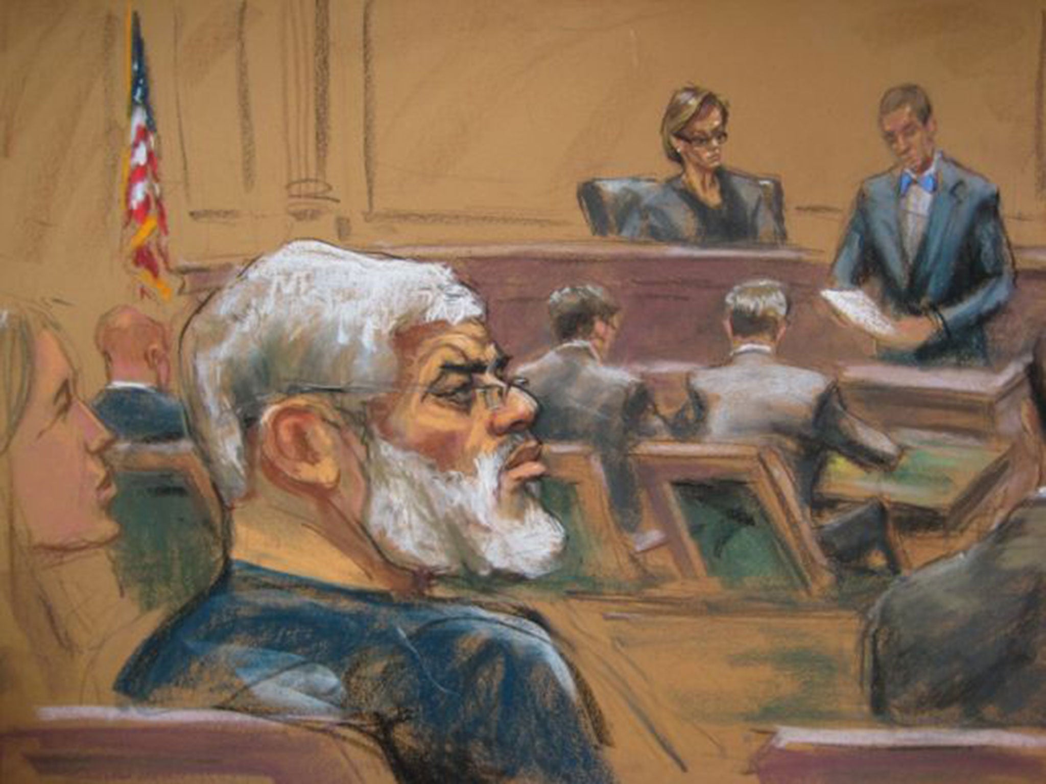 A courtroom sketch shows Abu Hamza as he is found guilty