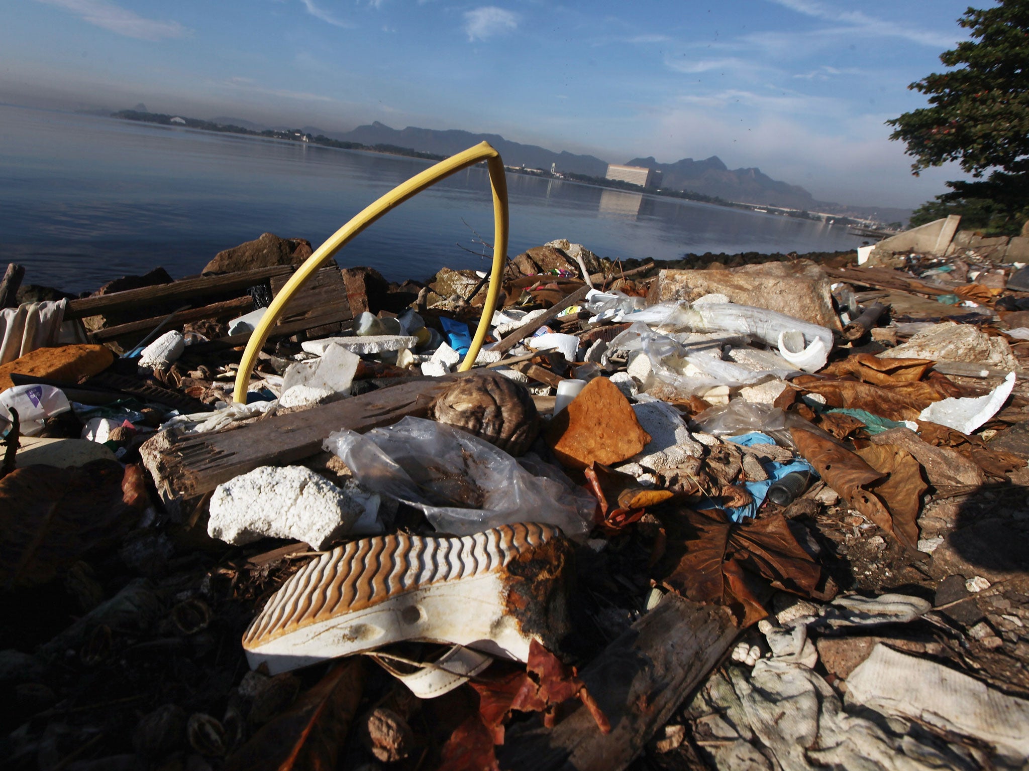 Guanabara Bay is seen in a section littered with debris on June 19, 2012