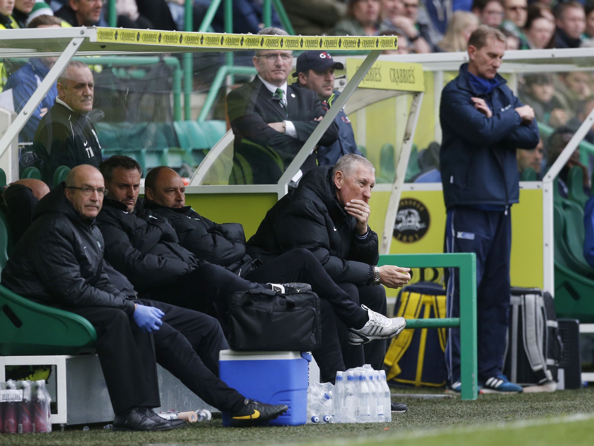 Hibernian manager Terry Butcher (second from right) feels the pain of a home defeat to Kilmarnock in the last game of the regular season