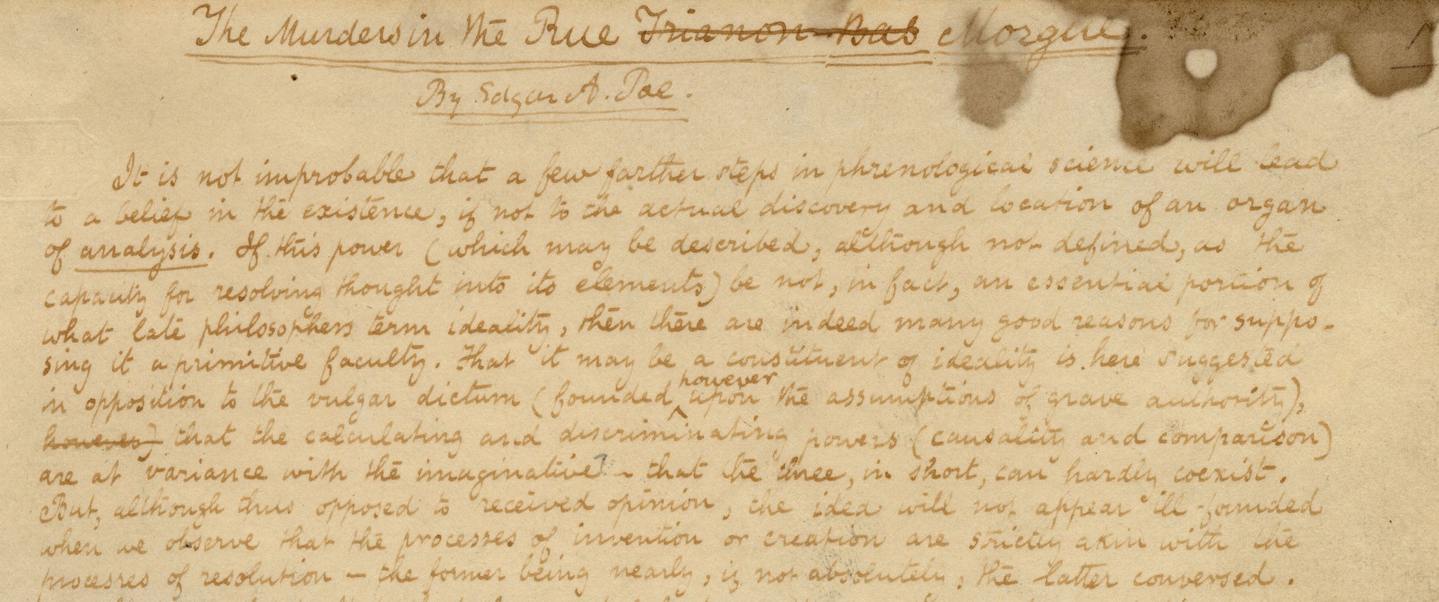 Original page from Edgar Allan Poeís manuscript of 'The Murders in the Rue Morgue' (1841)