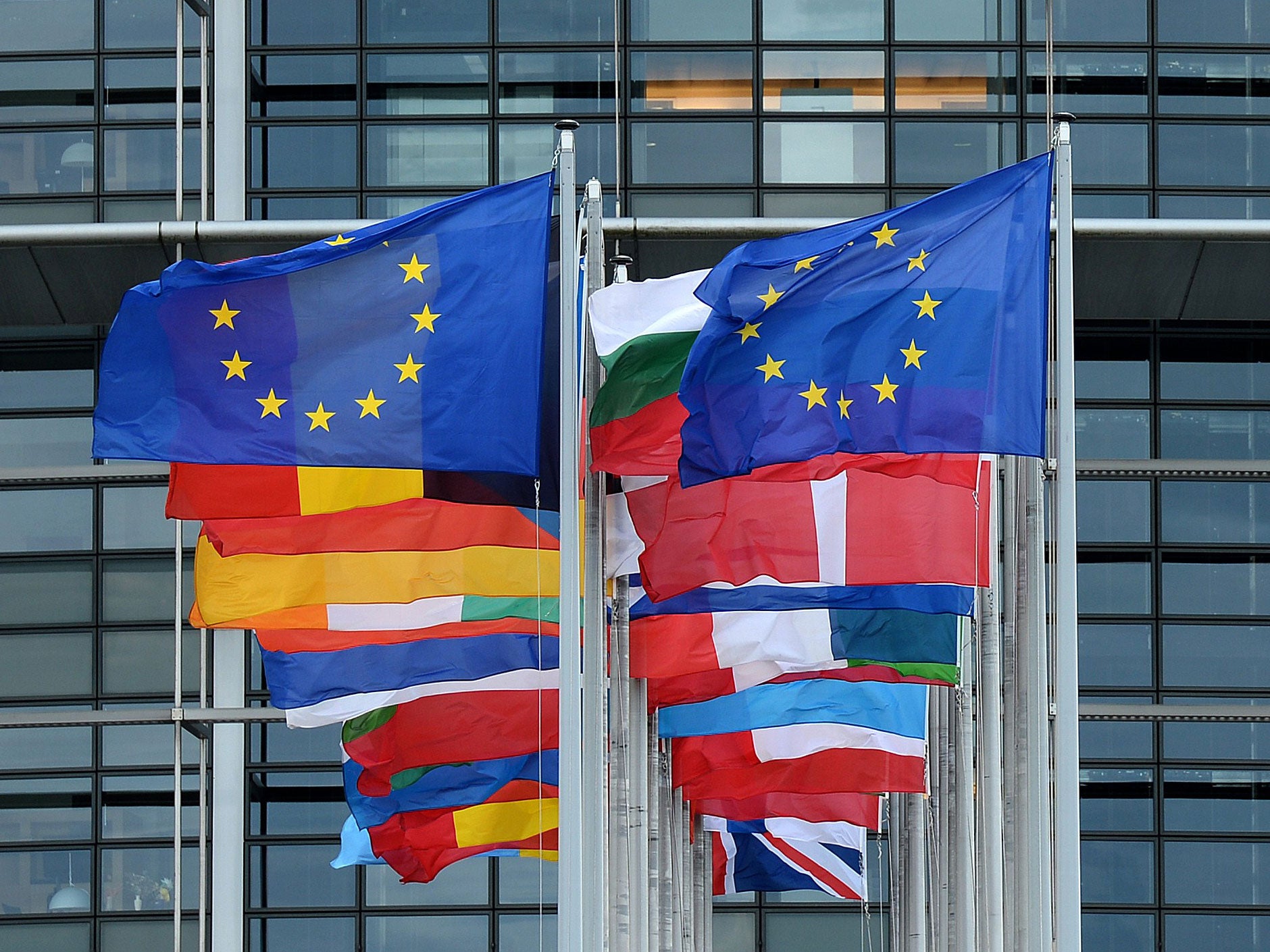 European flags in front of the European Parliament in Strasbourg