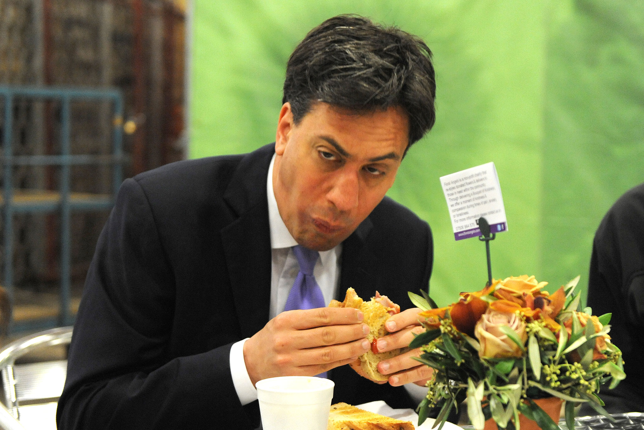 Ed Miliband embarked on a whirlwind campaign tour of England today - but struggled at the first hurdle of a bacon sandwich