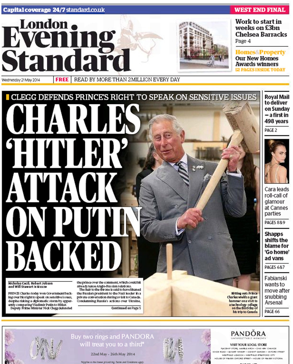 Today's Evening Standard front page