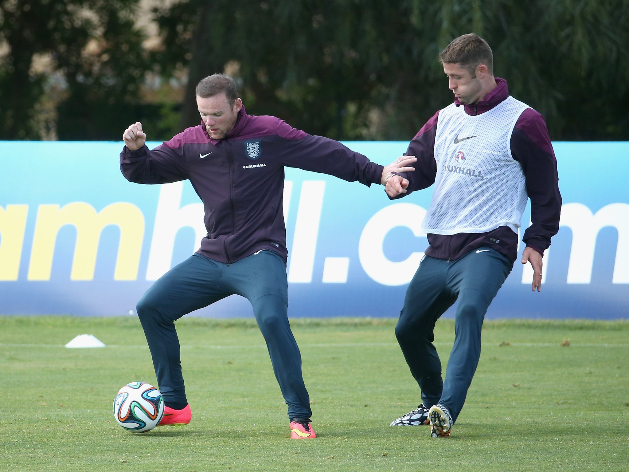 Wayne Rooney and Gary Cahill during warm weather traning for England in Portugal ahead of the world Cup