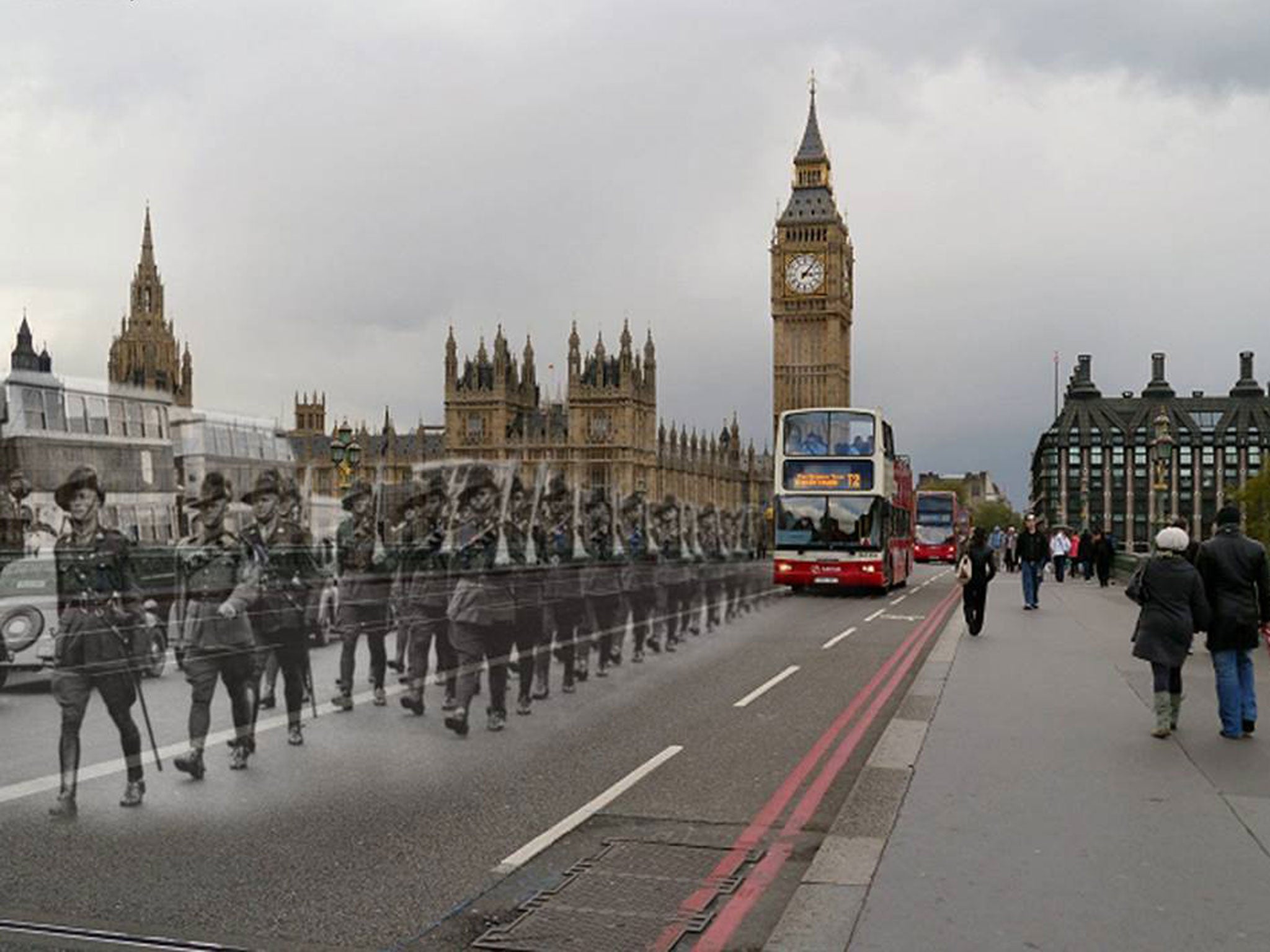 Aussie Troops march over Westminster Bridge ,London, date unknown