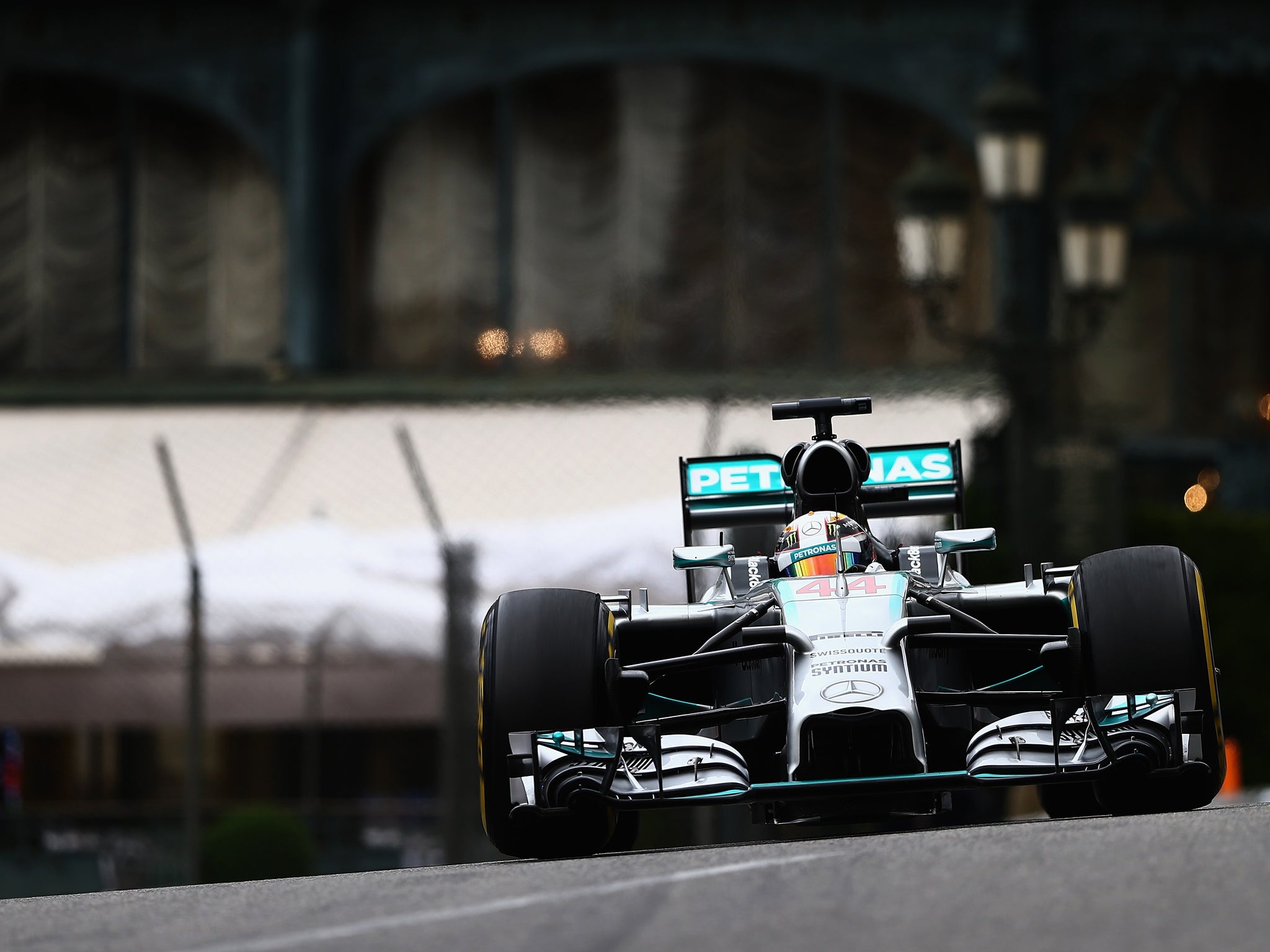 Lewis Hamilton of Great Britain and Mercedes GP drives during practice ahead of the Monaco Formula One Grand Prix at Circuit de Monaco