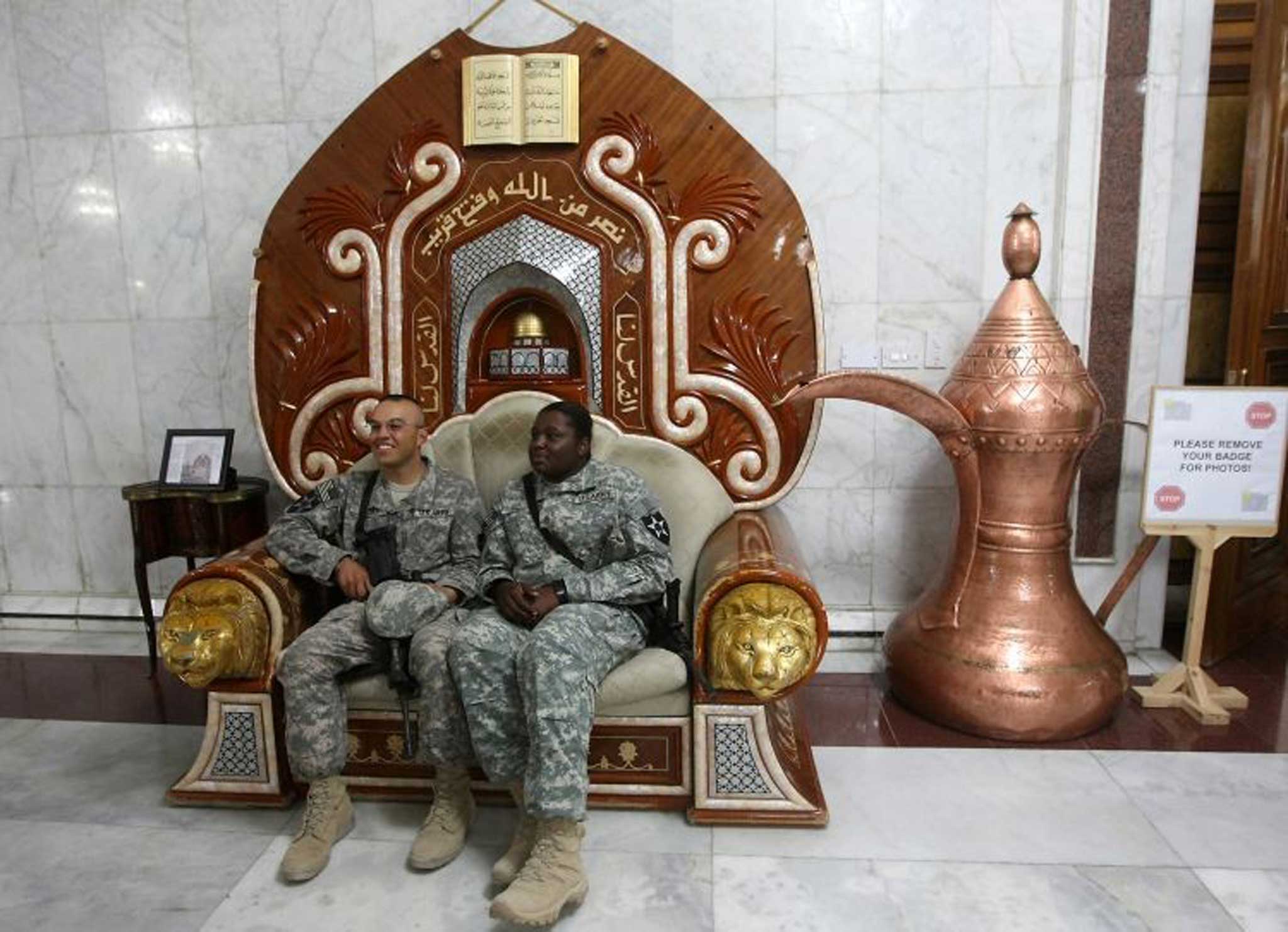 A bloody history: US soldiers at Saddam Hussein's former presidential palace in Baghdad, 2009