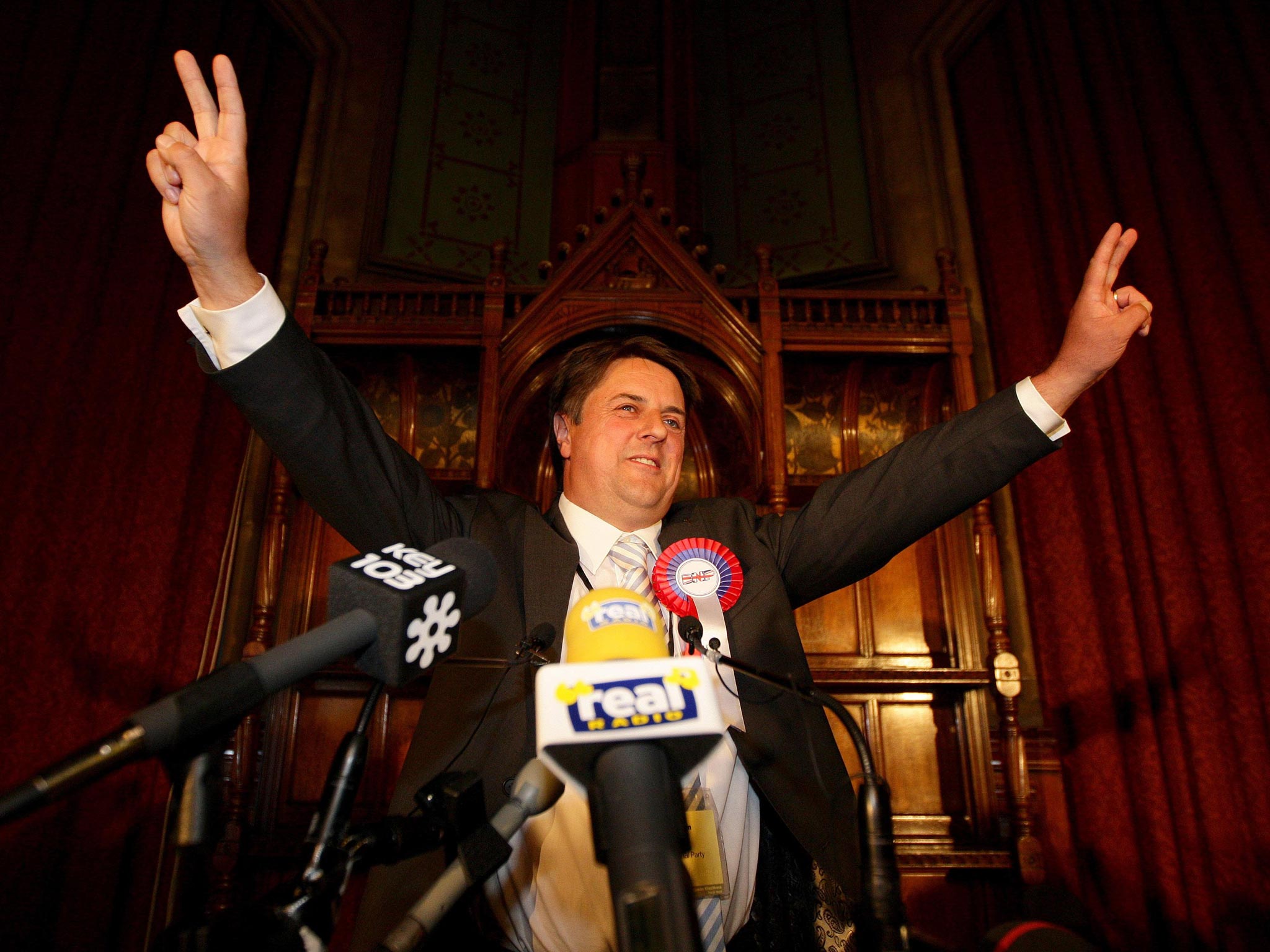 Nick Griffin celebrates in 2009 as the European results are announced at Manchester town hall