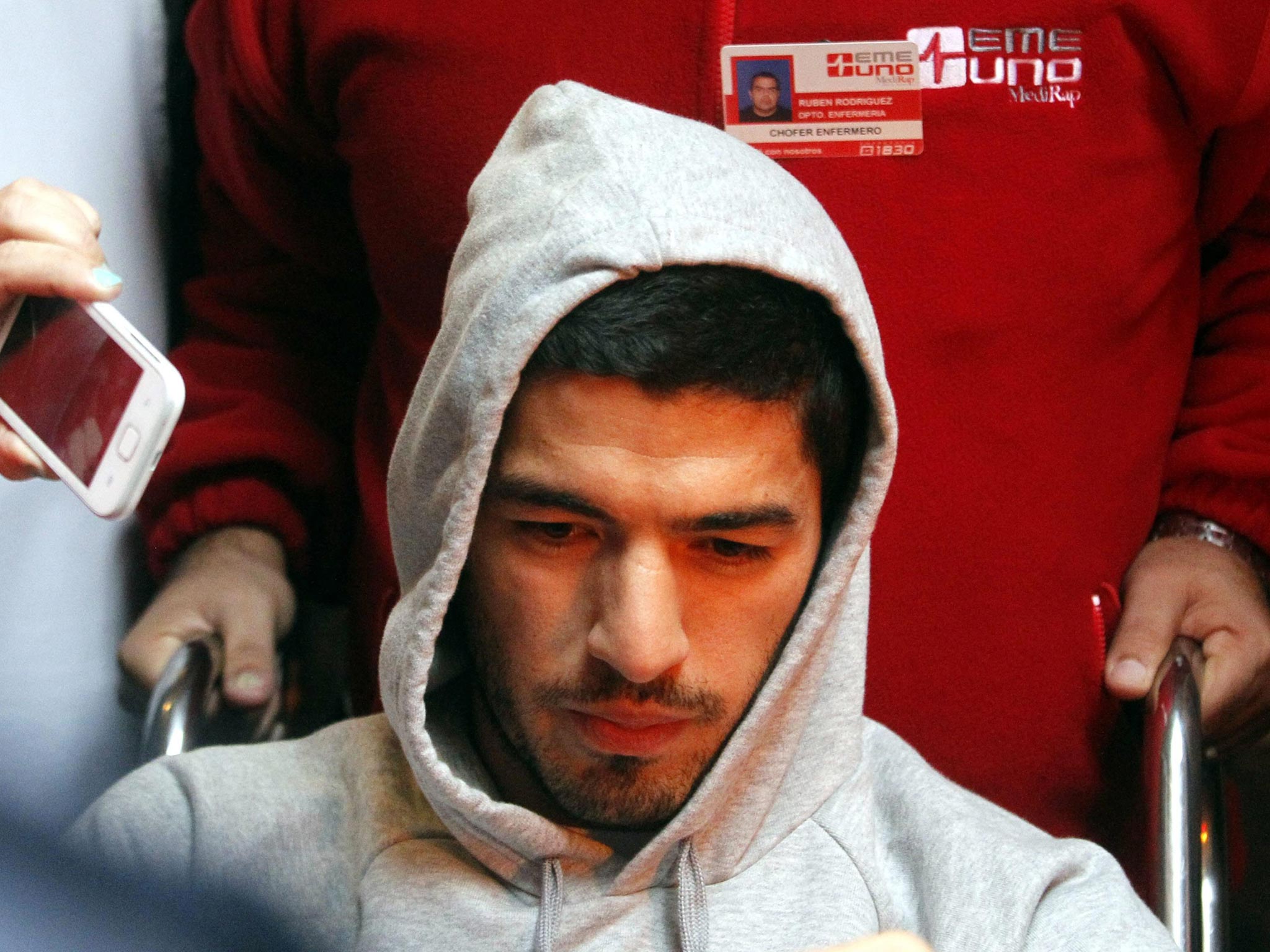 Luis Suarez is moved from Medica Uruguaya hospital after his operation, in Montevideo, Uruguay
