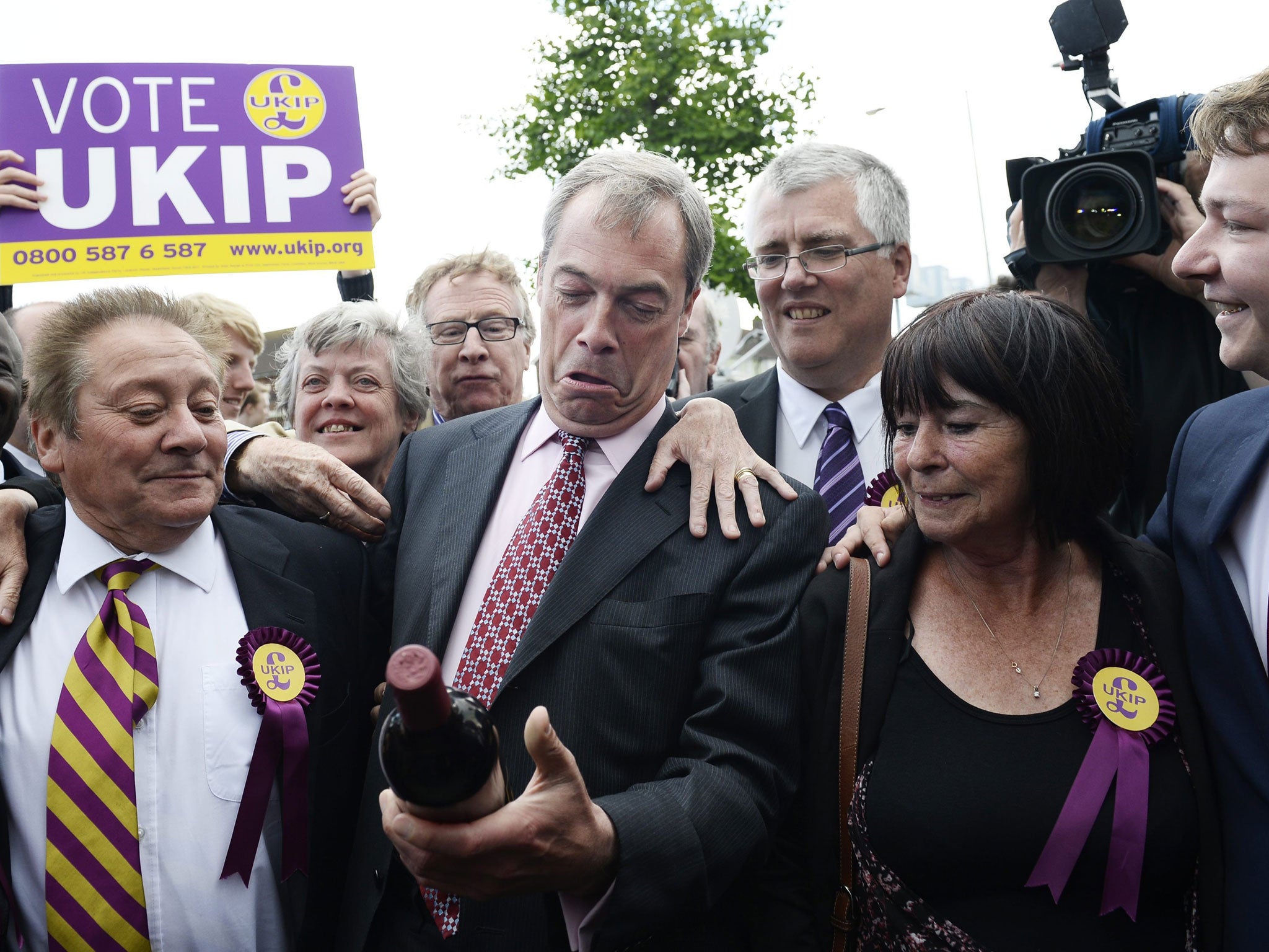 Nigel Farage with supporters following good results in local elections in South Ockendon