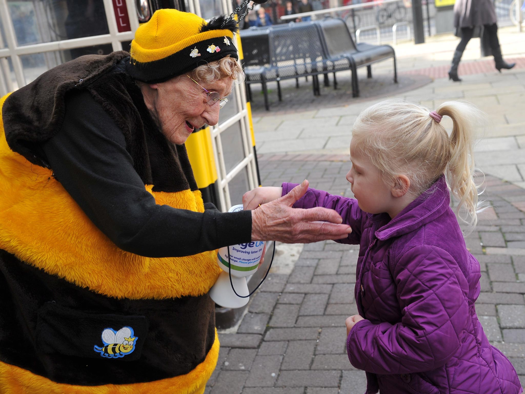 Known as the Busy Bee throughout east Yorkshire, 93-year-old Jean began raising money for Age UK Hull 14 years ago after her husband died. She wears
a bee costume (made by her daughter) while rattling her tin, and has so far collected over £100,000.