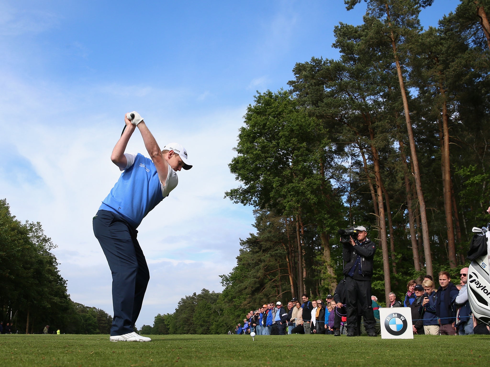 Stephen Gallacher of Scotland tees off during day two of the BMW PGA Championship at Wentworth on May 23, 2014