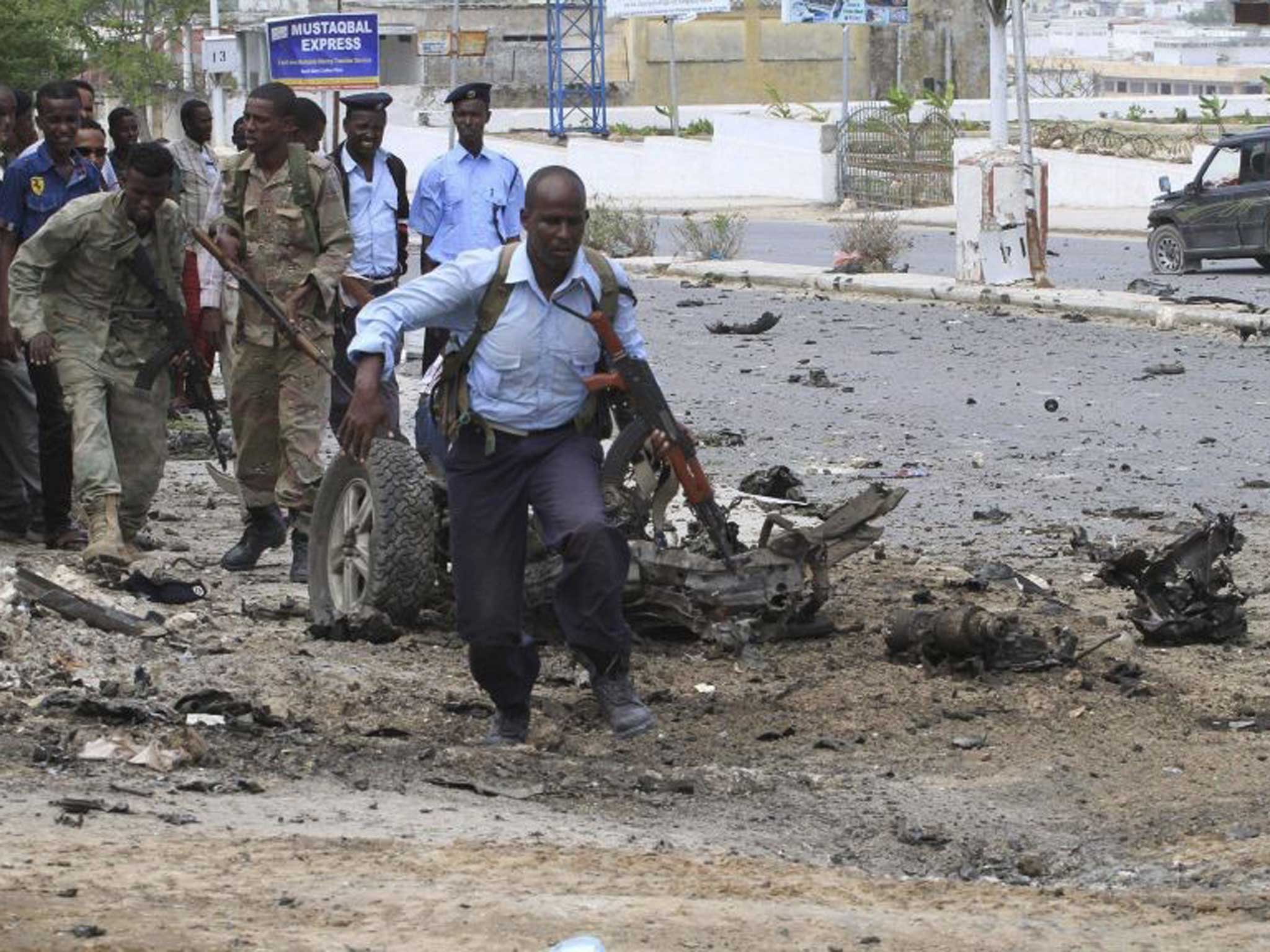 Somali soldiers and police clash with al-Shabaab militants yesterday