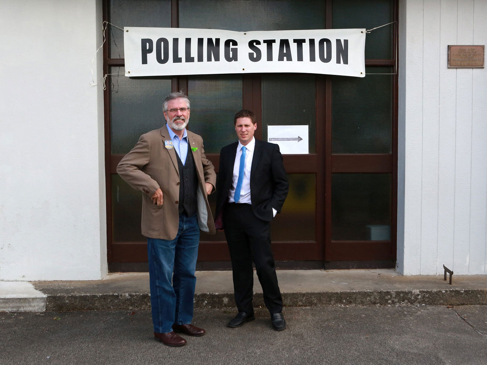 The Sinn Fein leader Gerry Adams with the party’s candidate Matt Carthy in County Louth