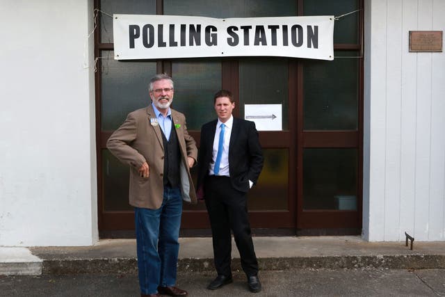 The Sinn Fein leader Gerry Adams with the party’s candidate Matt Carthy in County Louth