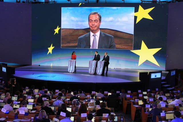 Nigel Farage on a video link at the European Parliament in Brussels