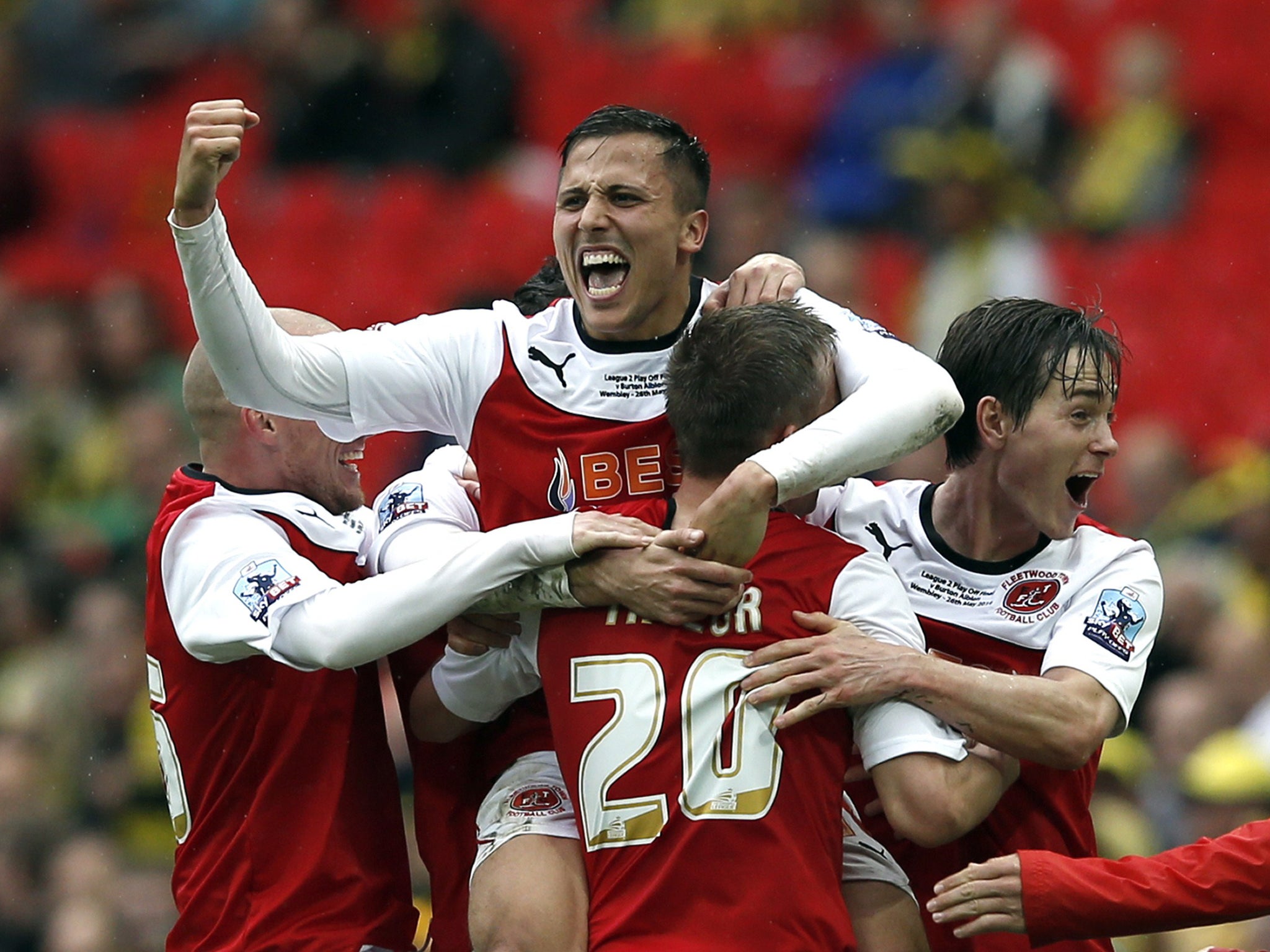 Fleetwood's Antoni Sarcevic celebrates scoring the winning goal in the League Two play-off final