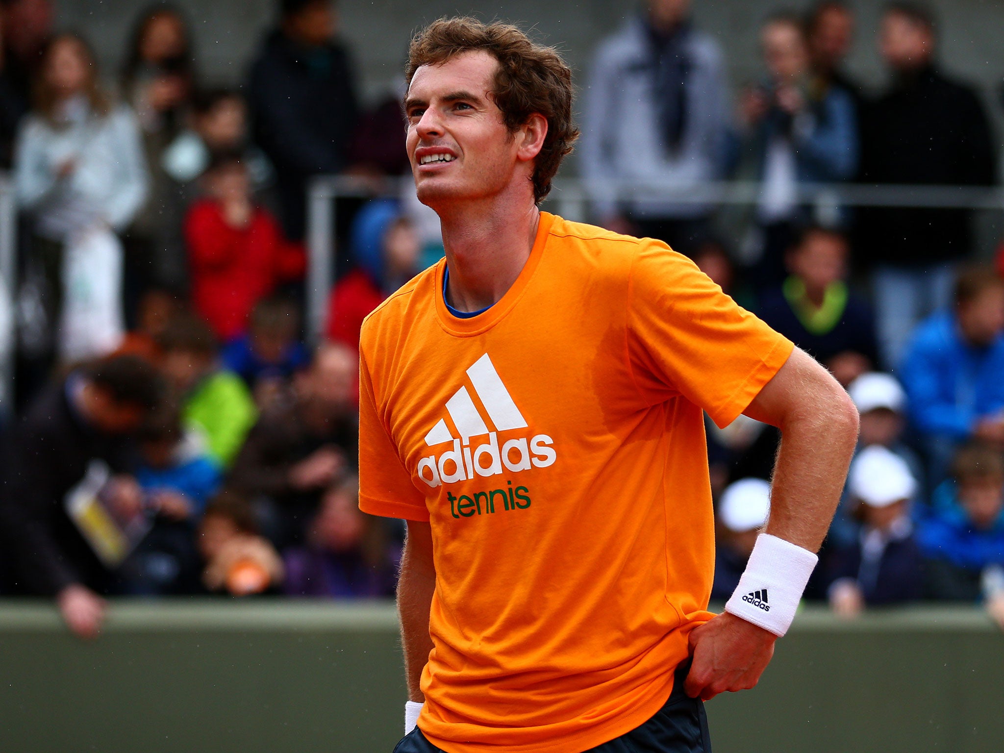 Andy Murray looks on during a practice session at Roland Garros