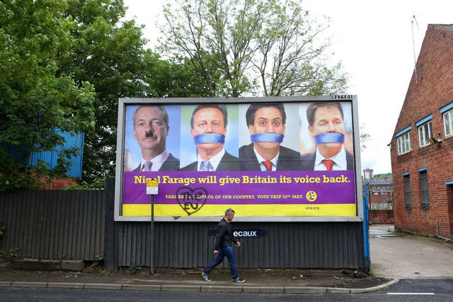 A defaced Ukip poster in Sheffield. The three major parties face serious questions about strategy for next year’s general election