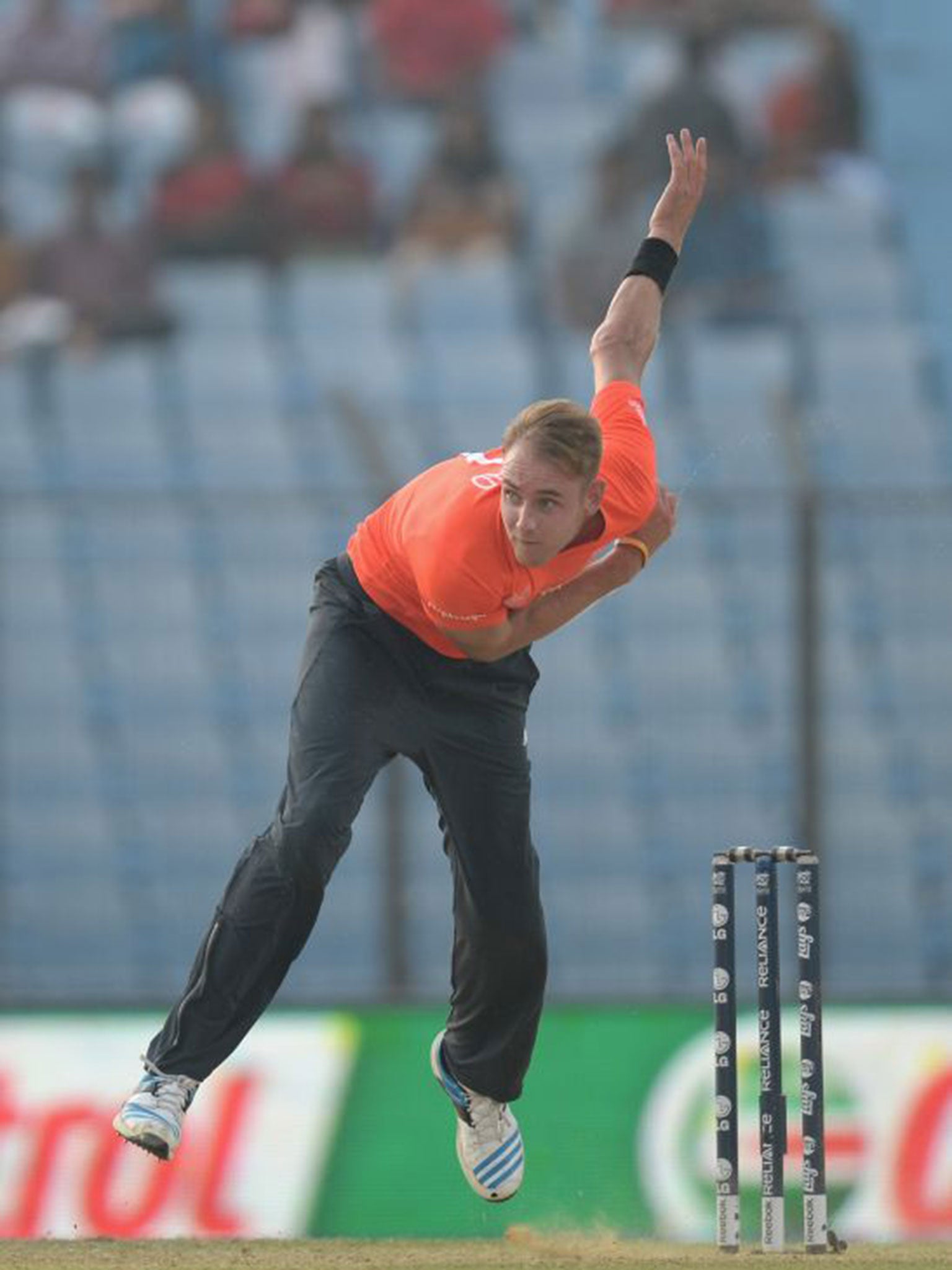 Stuart Broad bowls during the World Twenty20 in Bangladesh in March