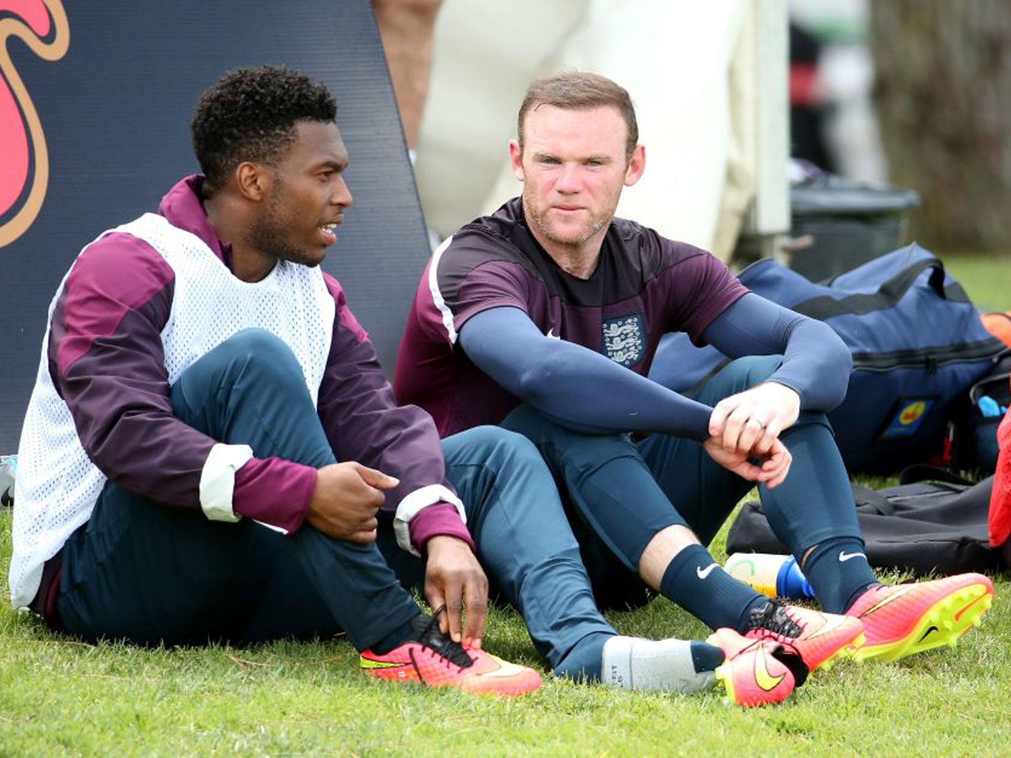 Daniel Sturridge and Wayne Rooney relax at England’s training camp in Vale do Lobo, Portugal