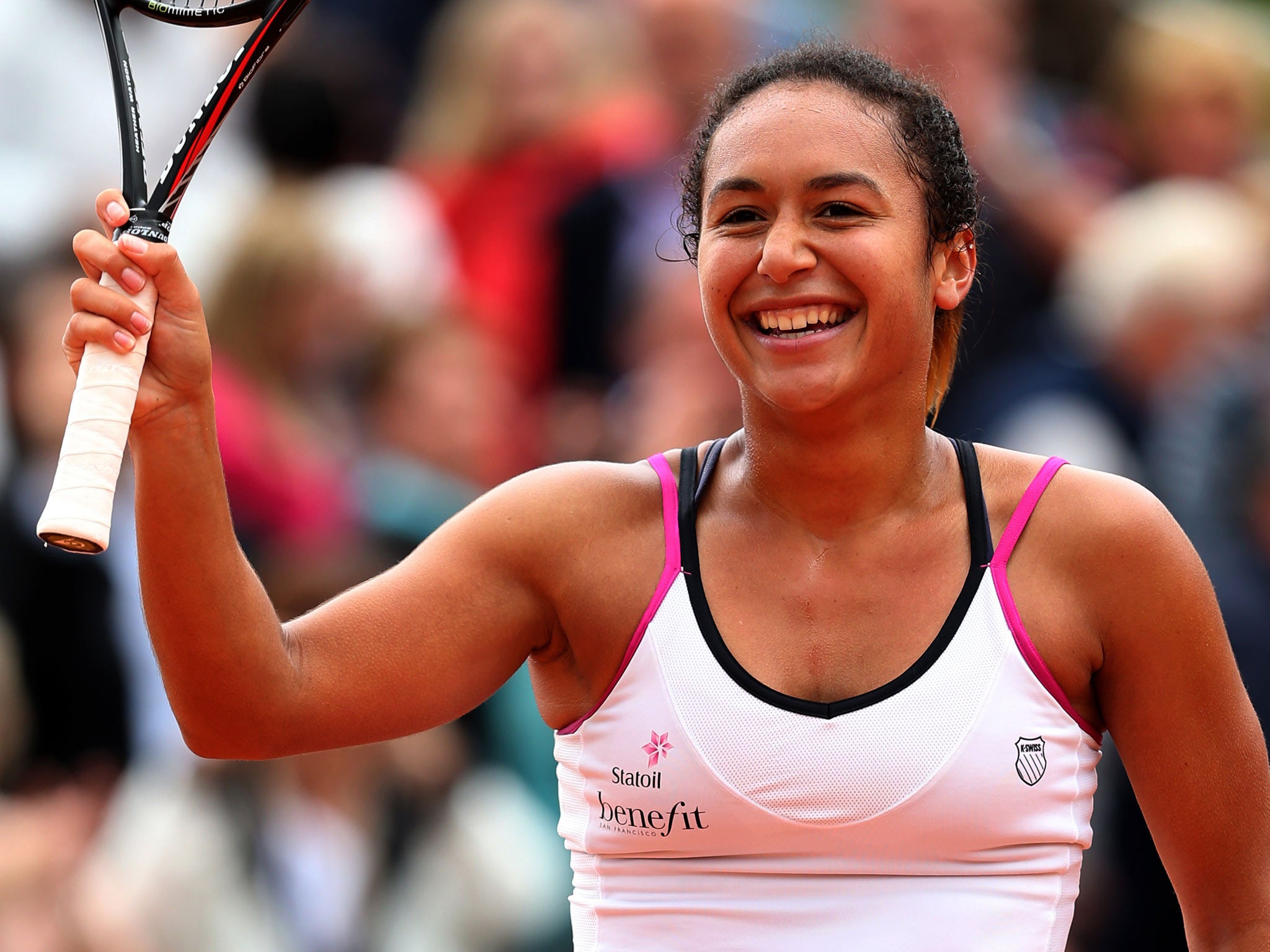 Heather Watson of Great Britain celebrates victory in her women's singles match against Barbora Zahlavova Strycova of Czech Republic on day three of the French Open