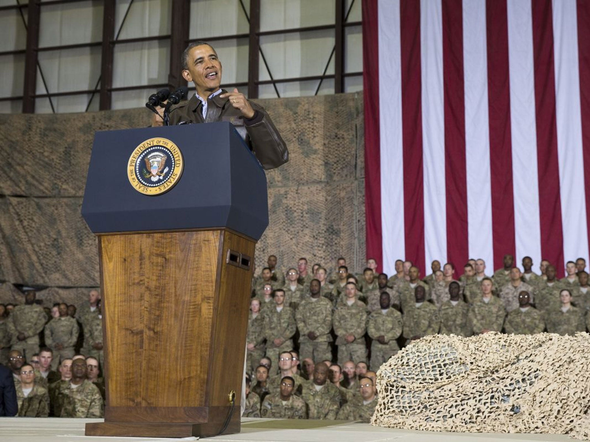 President Barack Obama speaking during a troop rally after arriving at Bagram Air Field for an unannounced visit, north of Kabul, Afghanistan.