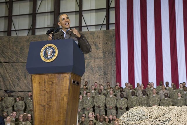President Barack Obama speaking during a troop rally after arriving at Bagram Air Field for an unannounced visit, north of Kabul, Afghanistan. 