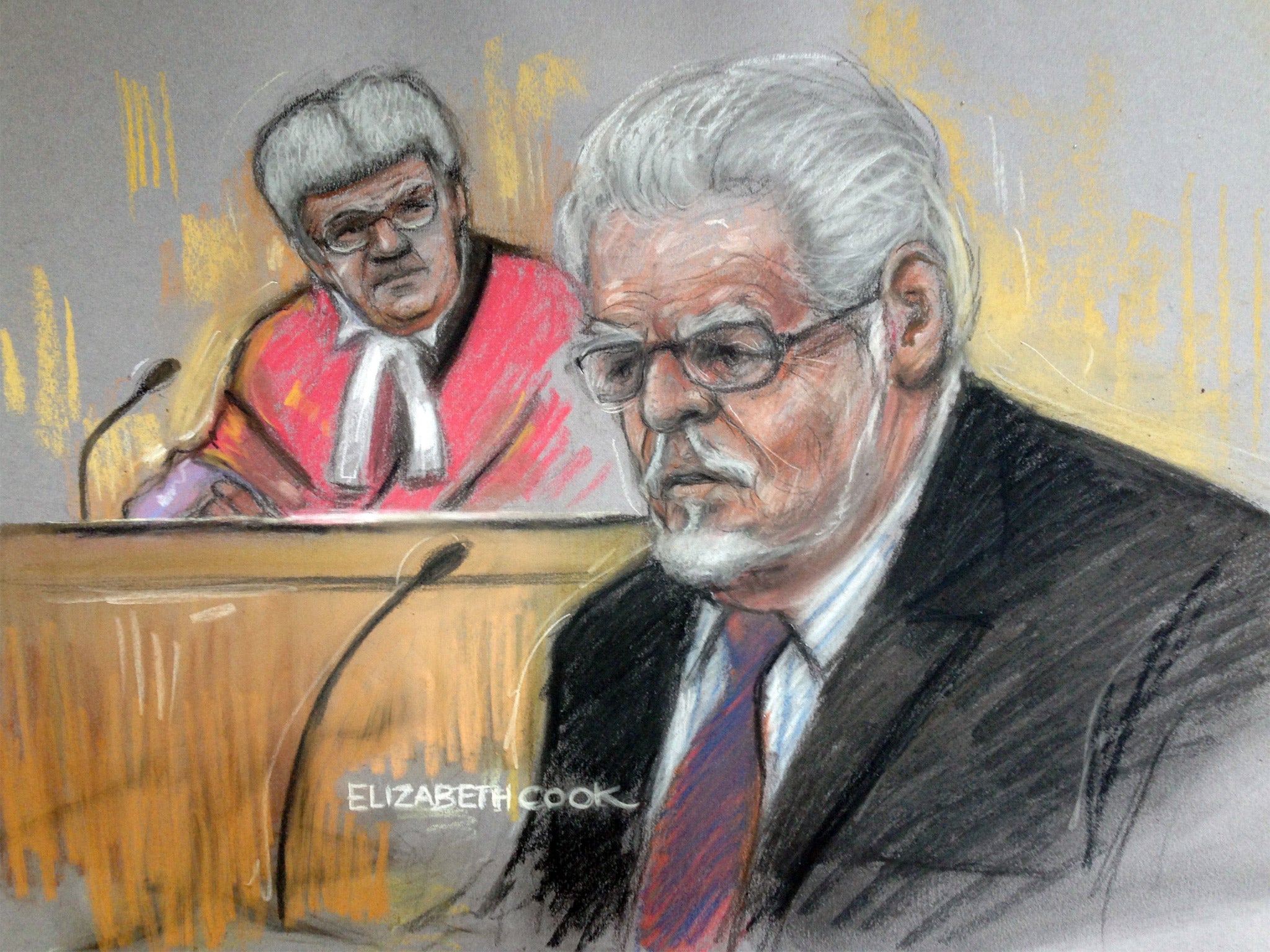 Court artist drawing of Rolf Harris in the dock