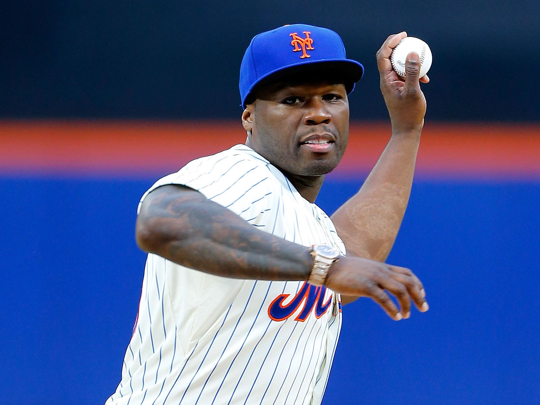 50 Cent throws the first pitch ahead of New York Mets v Pittsburgh Pirates game