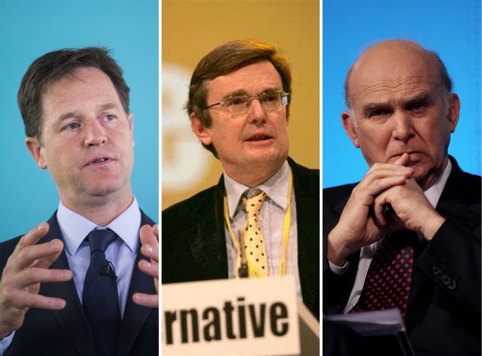 Lib Dem leader Nick Clegg, peer Lord Oakeshott and the Business Secretary, Vince Cable, as the party faces a crisis over its leadership