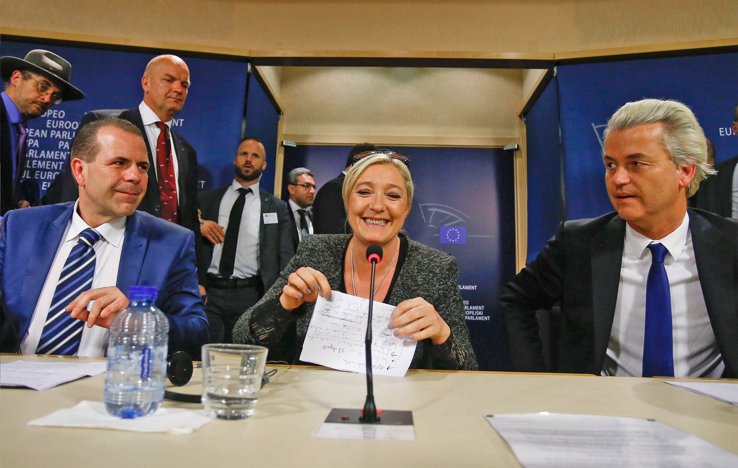 Front National leader Marine Le Pen in Brussels with Harald Vilimsky, from the Austrian Freedom Party (left) and Geert Wilders from the Dutch PVV party