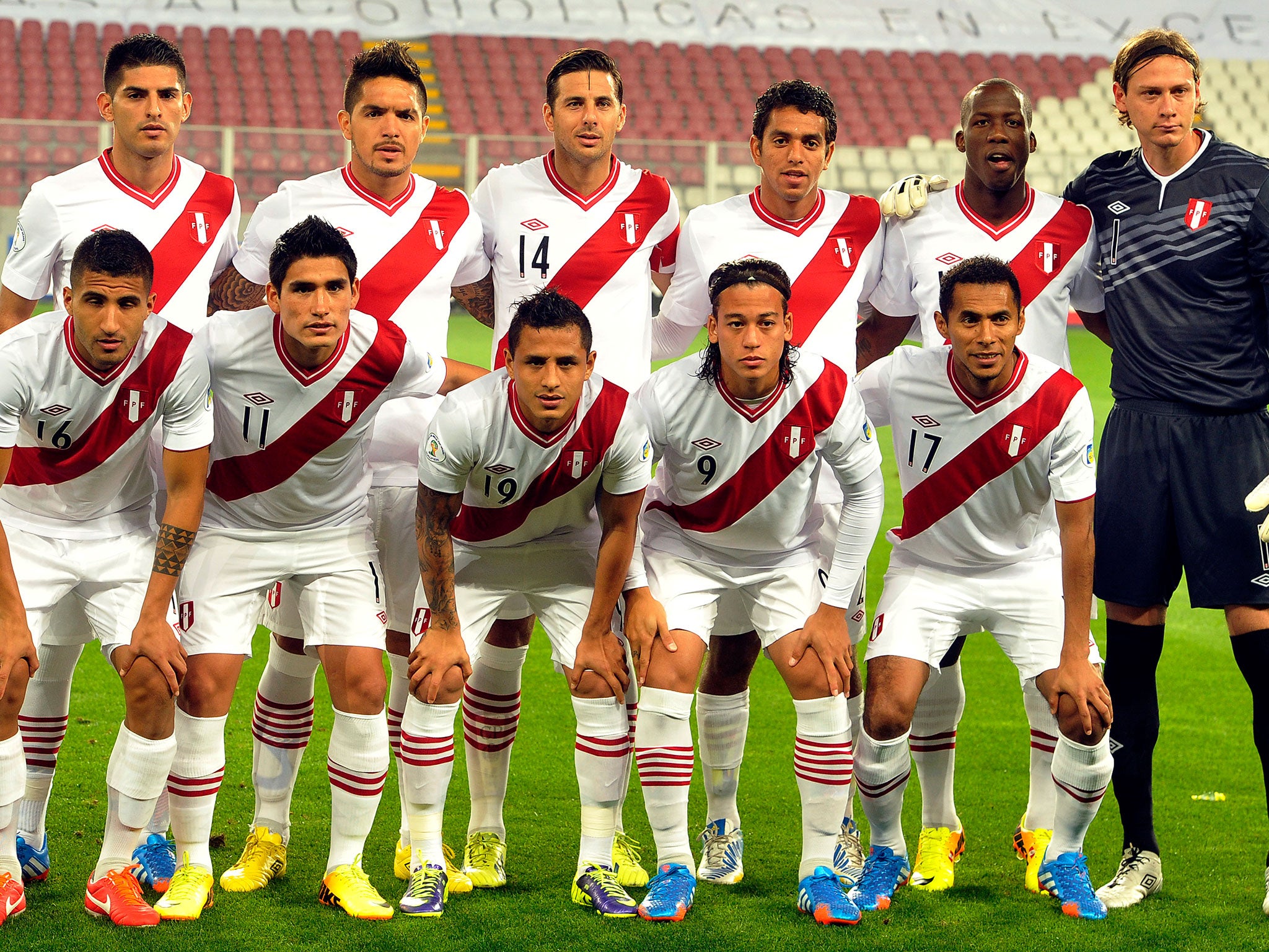 The Peru team pose for a picture prior to a World Cup qualifier during their failed attempt to qualify for the tournament in Brazil