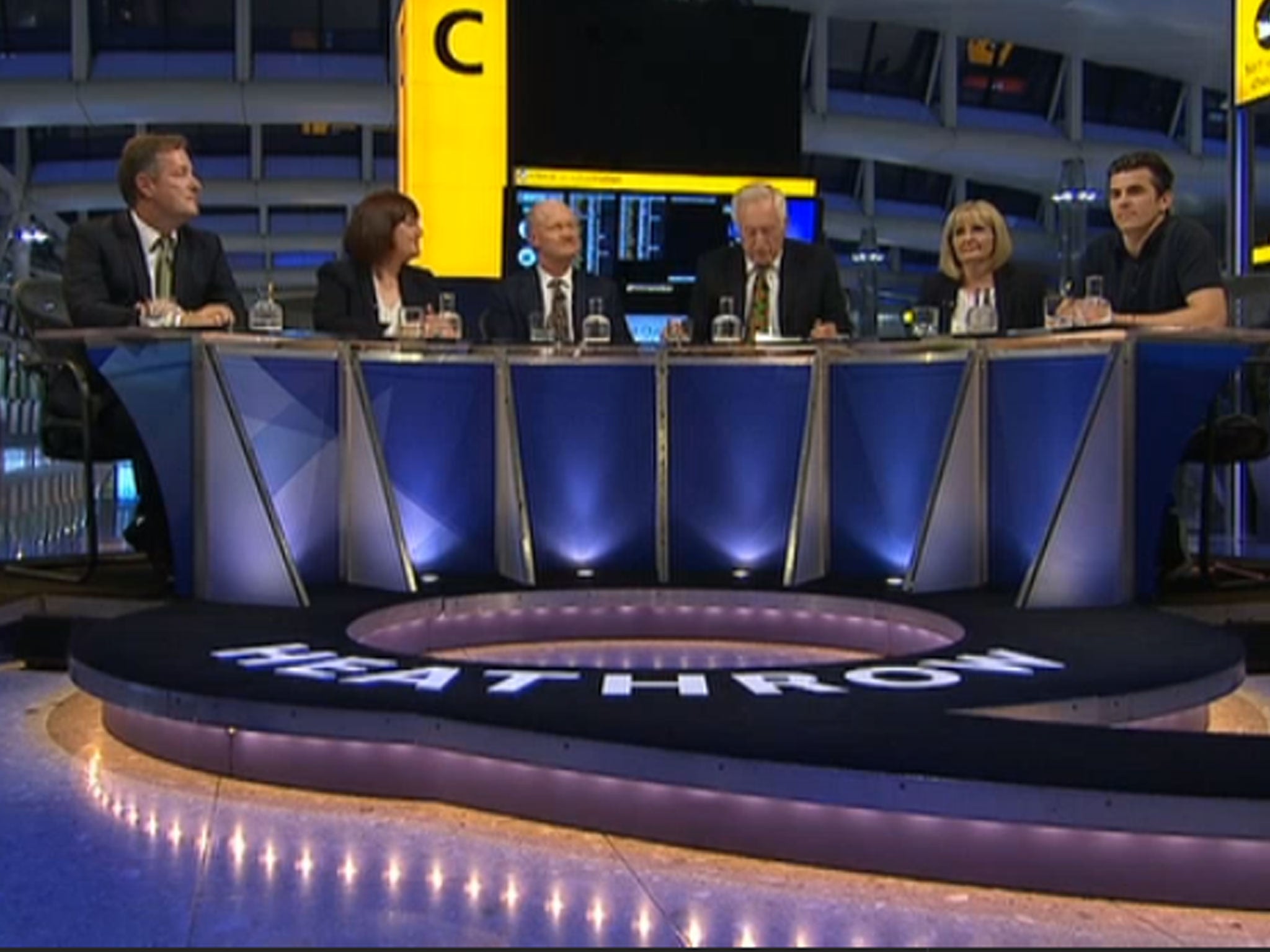 Piers Morgan, Louise Bours, David Willetts MP, chair David Dimbleby, Margaret Curran MP and Joey Barton on BBC Question Time at Heathrow