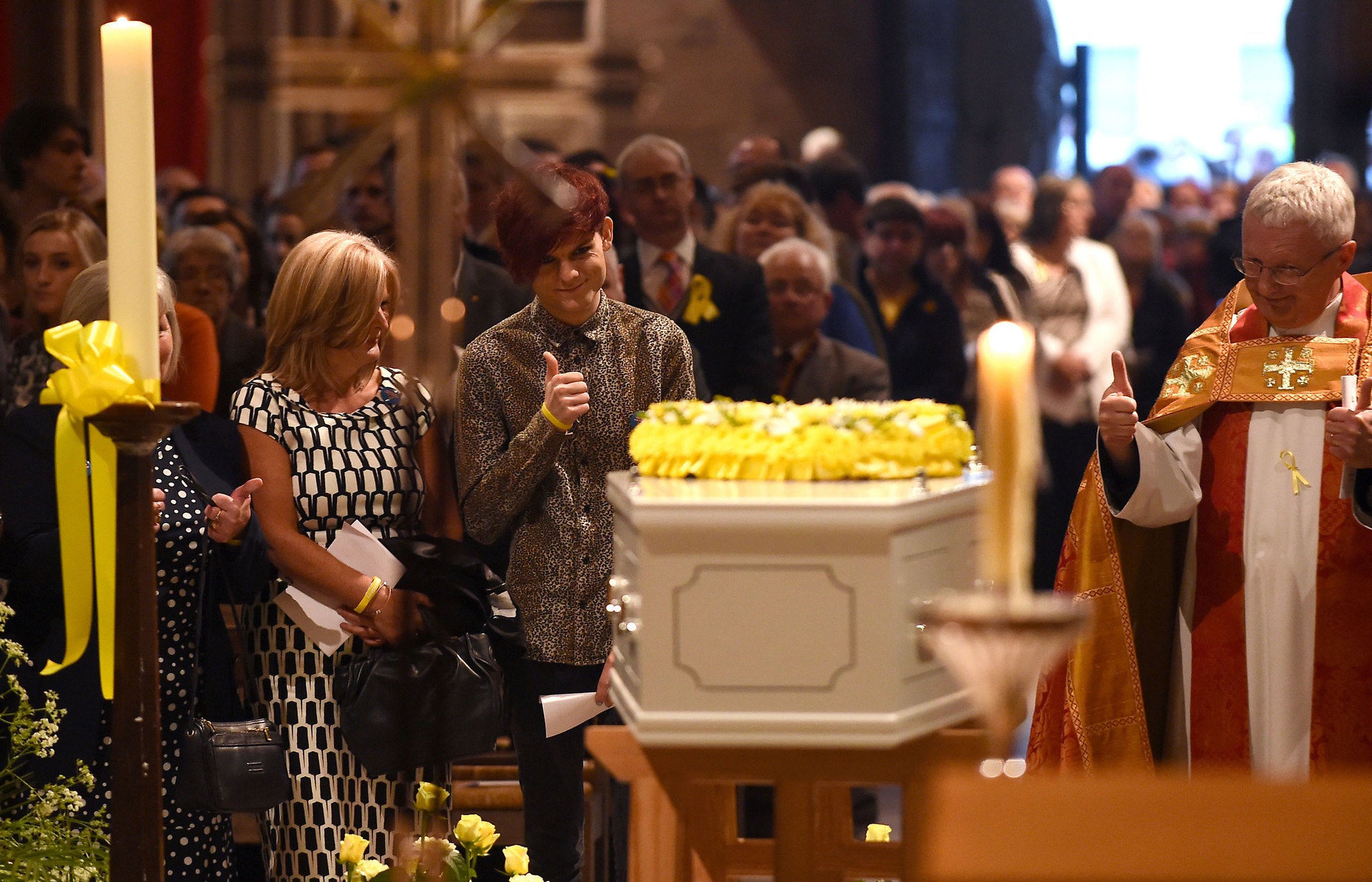 Stephen Sutton's brother Chris gives a "Thumbs Up" as Stephen's coffin stands in Lichfield Cathedral