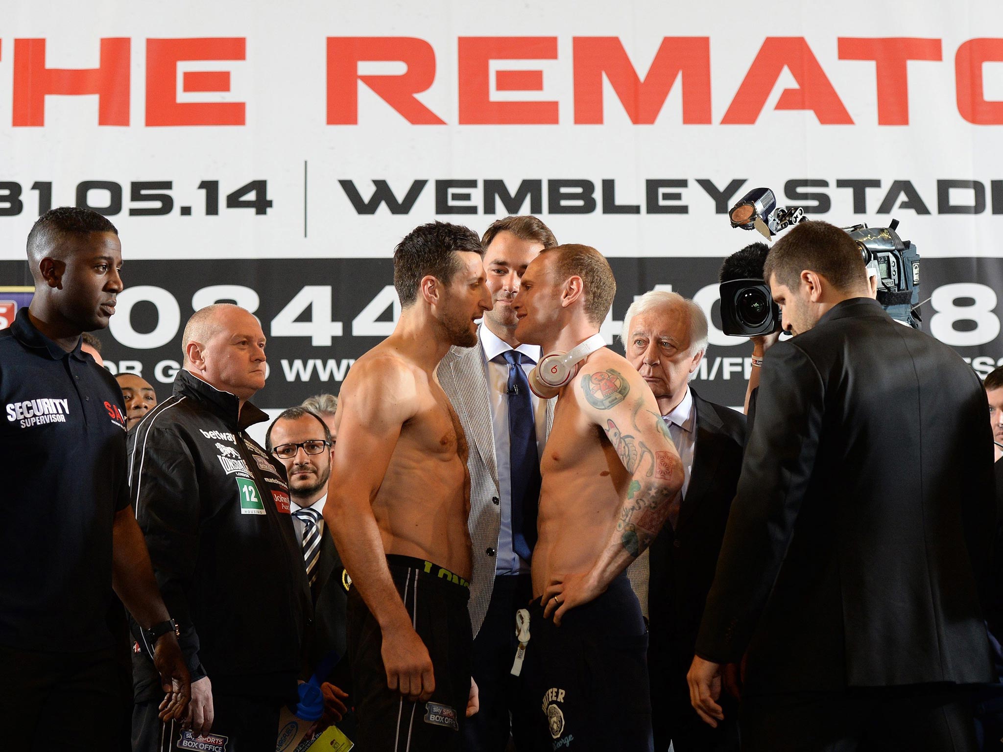 Carl Froch (left) and George Groves at the weigh-in for tonight’s Wembley fight
