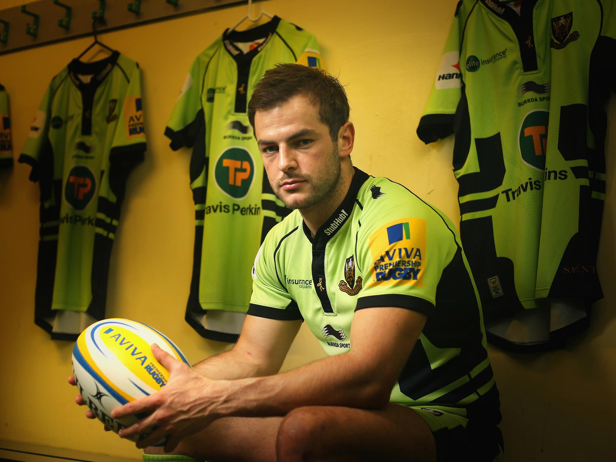Stephen Myler in the home dressing room at Franklin’s Gardens