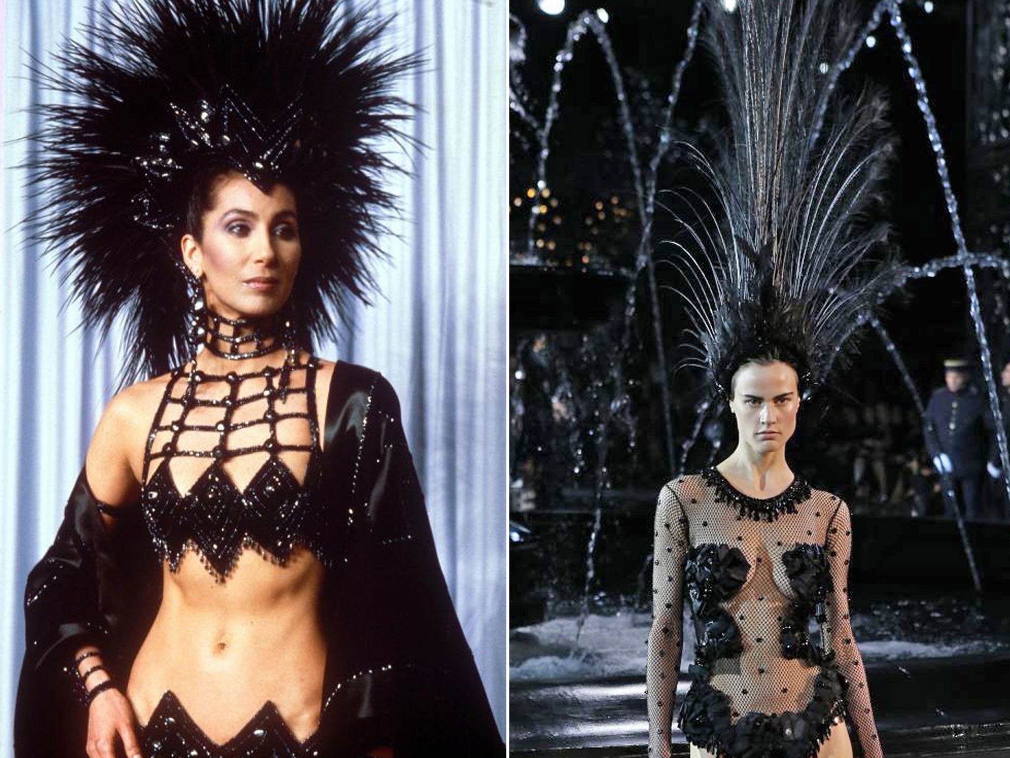 Cher is known for her headgear. Left, in 1991, right: Louis Vuitton collection