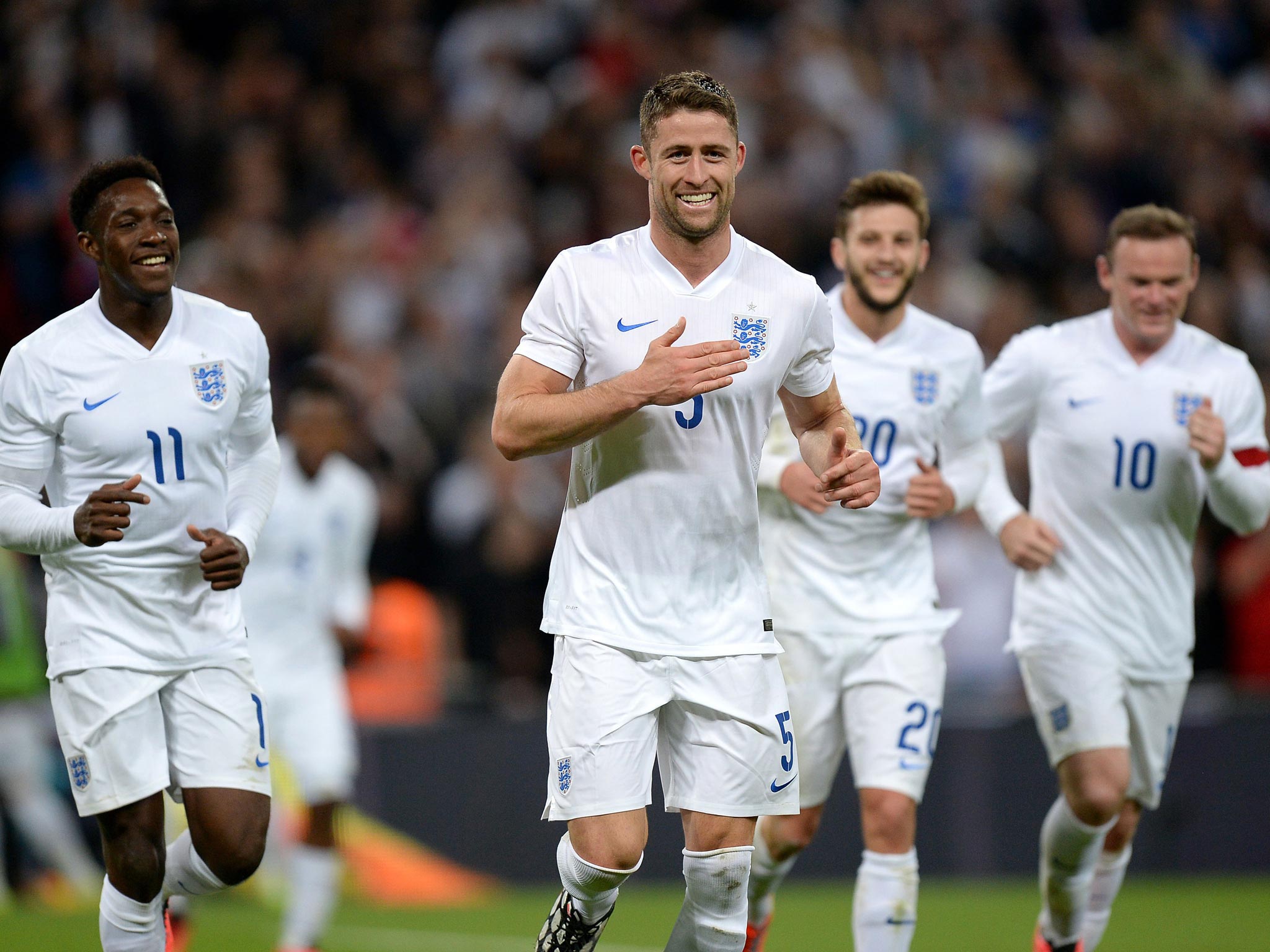 England celebrate scoring in the 3-0 win over Peru. But will they triumph in Brazil?